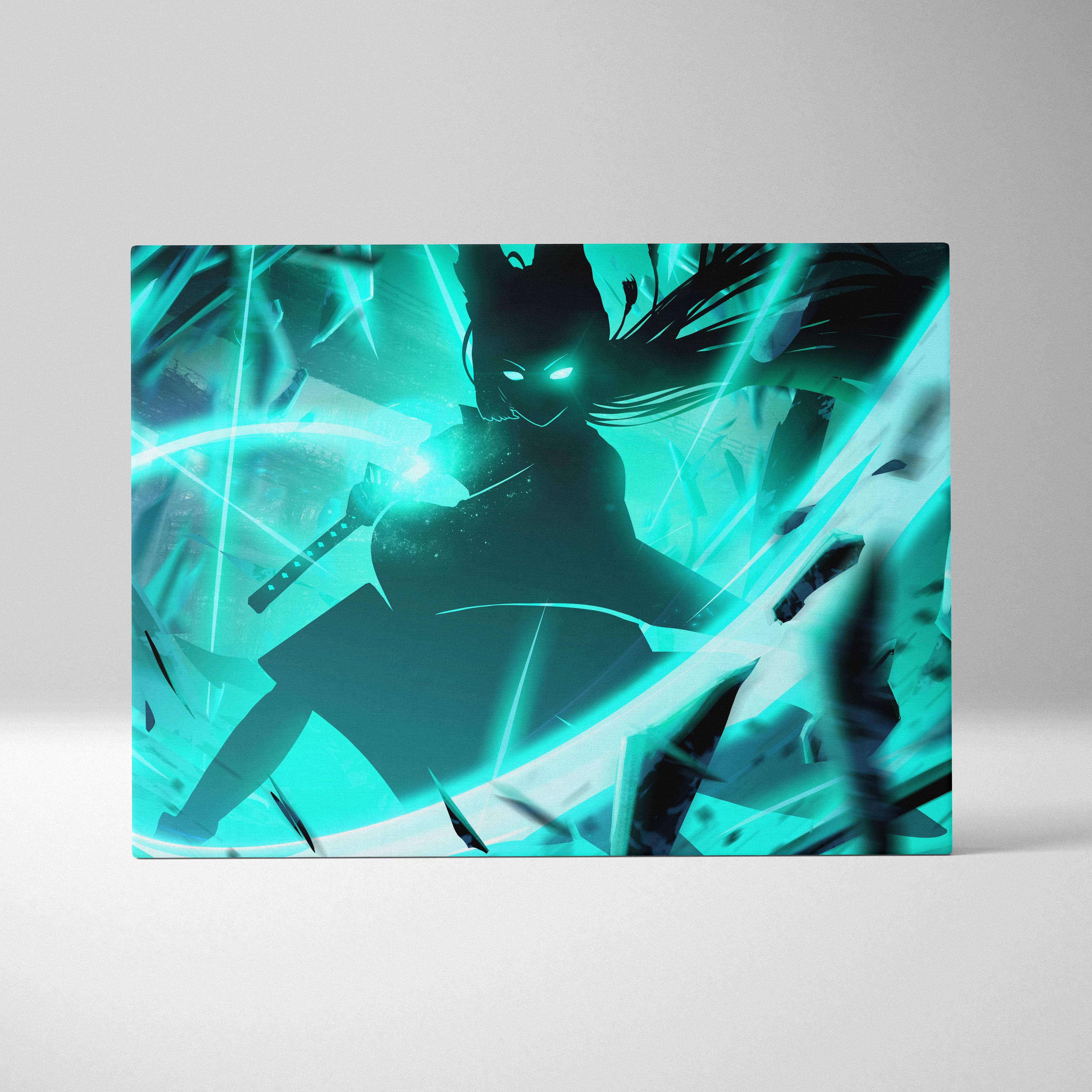 Neon shadow samurai teal and black anime canvas art with glowing cyan energy and shattered glass effects