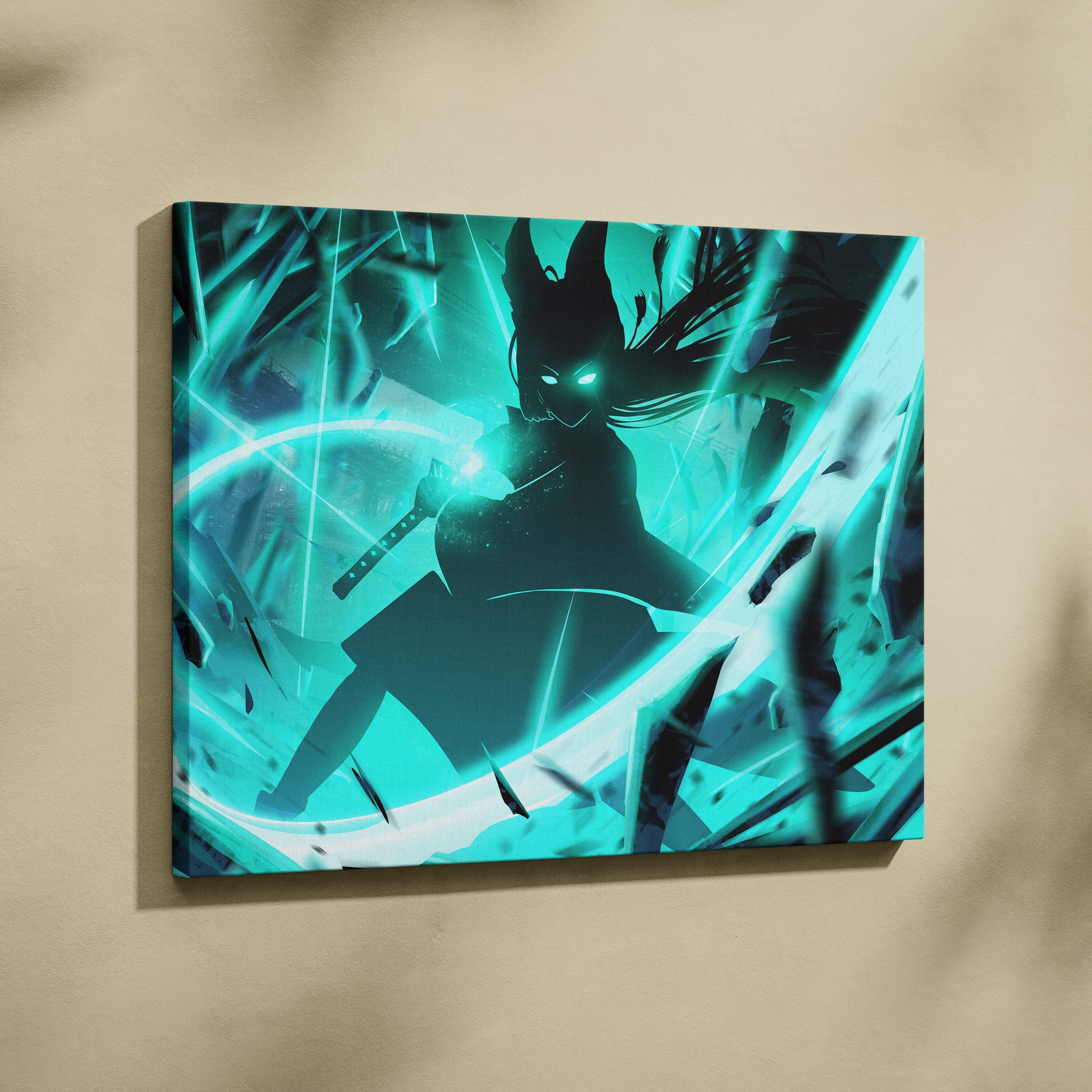 Teal and black anime-style canvas art featuring a glowing-eyed horned warrior with shattered glass effects and cyberpunk energy