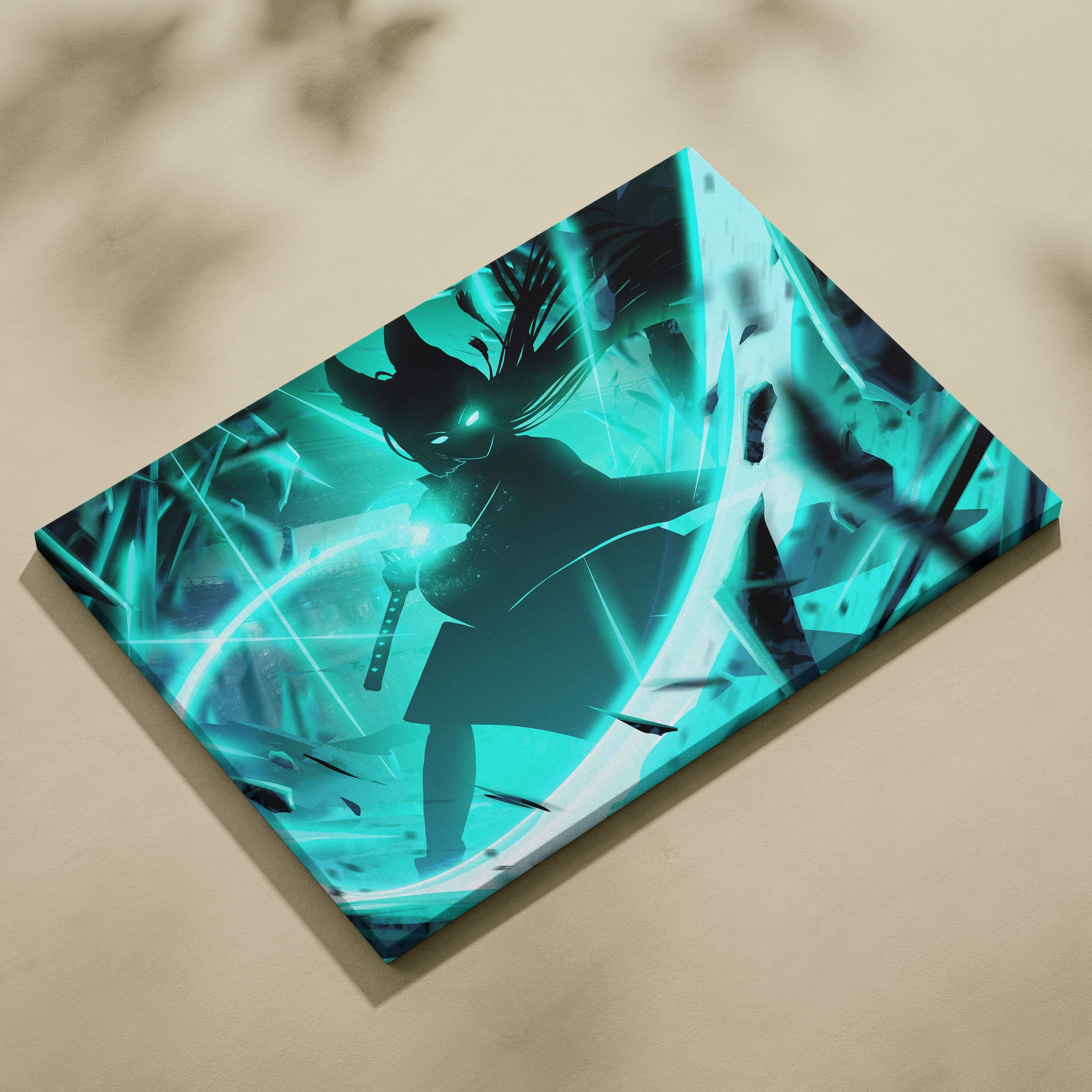 Teal and black neon shadow samurai canvas art featuring a stylized character with glowing cyan energy effects