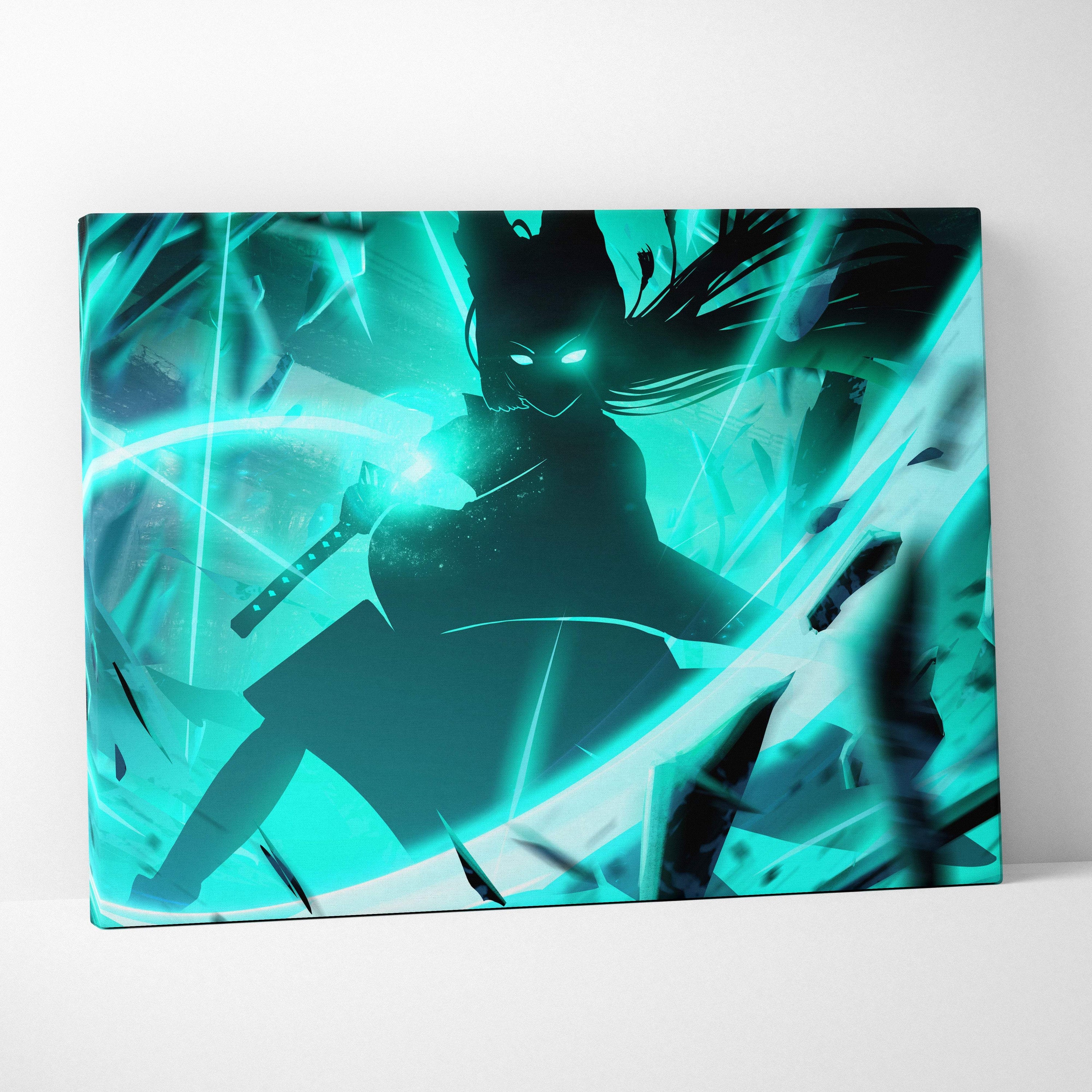 Teal and black anime style canvas print featuring a glowing cyan energy samurai with sword and shattered glass effects