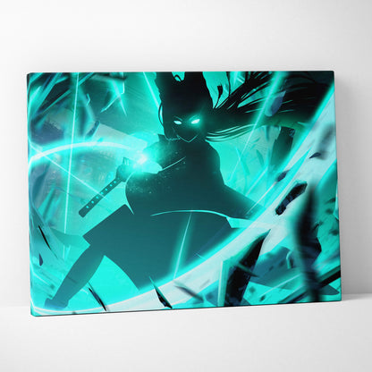 Teal and black anime style canvas print featuring a glowing cyan energy samurai with sword and shattered glass effects