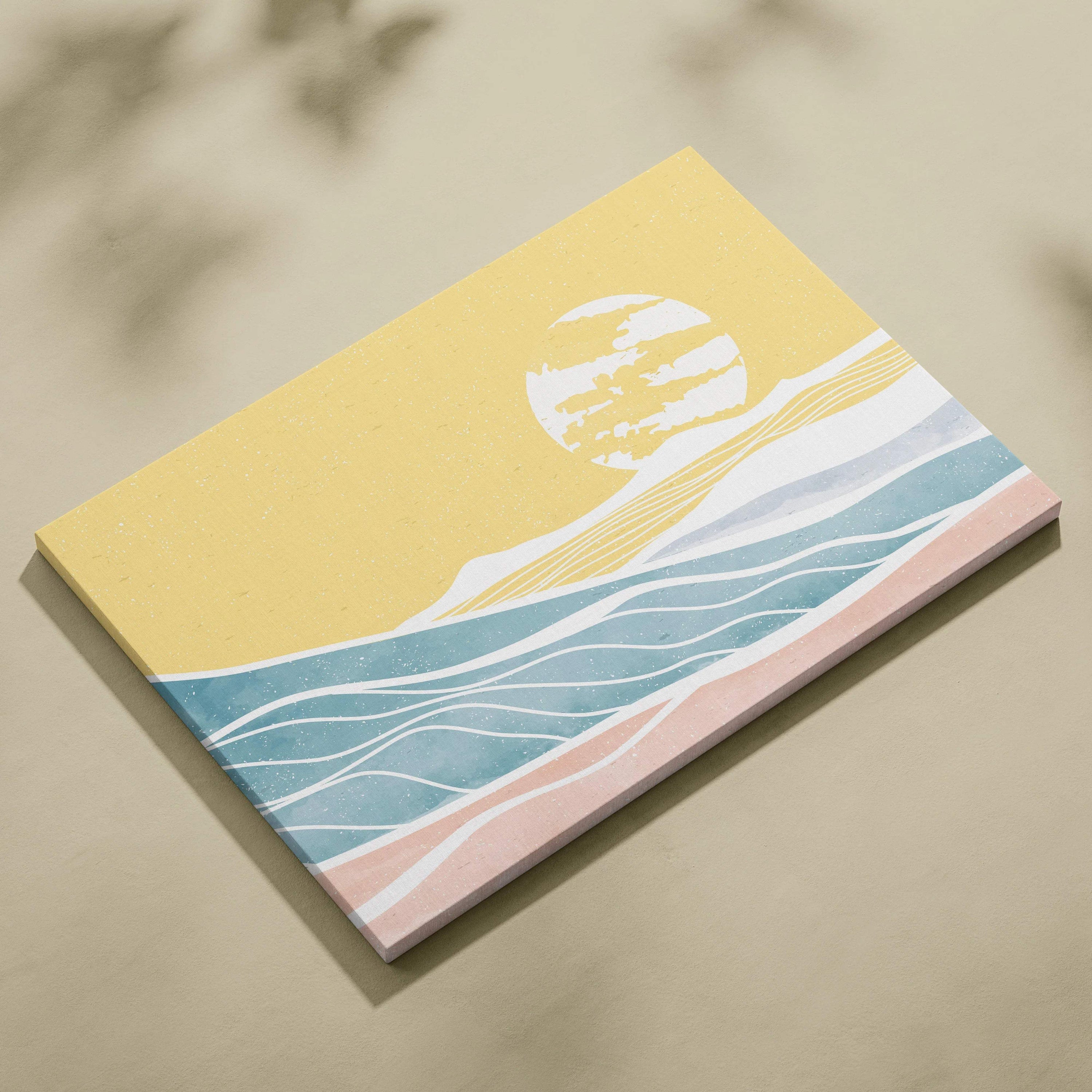 Minimalist coastal ocean canvas with blue waves and golden sunset in pastels