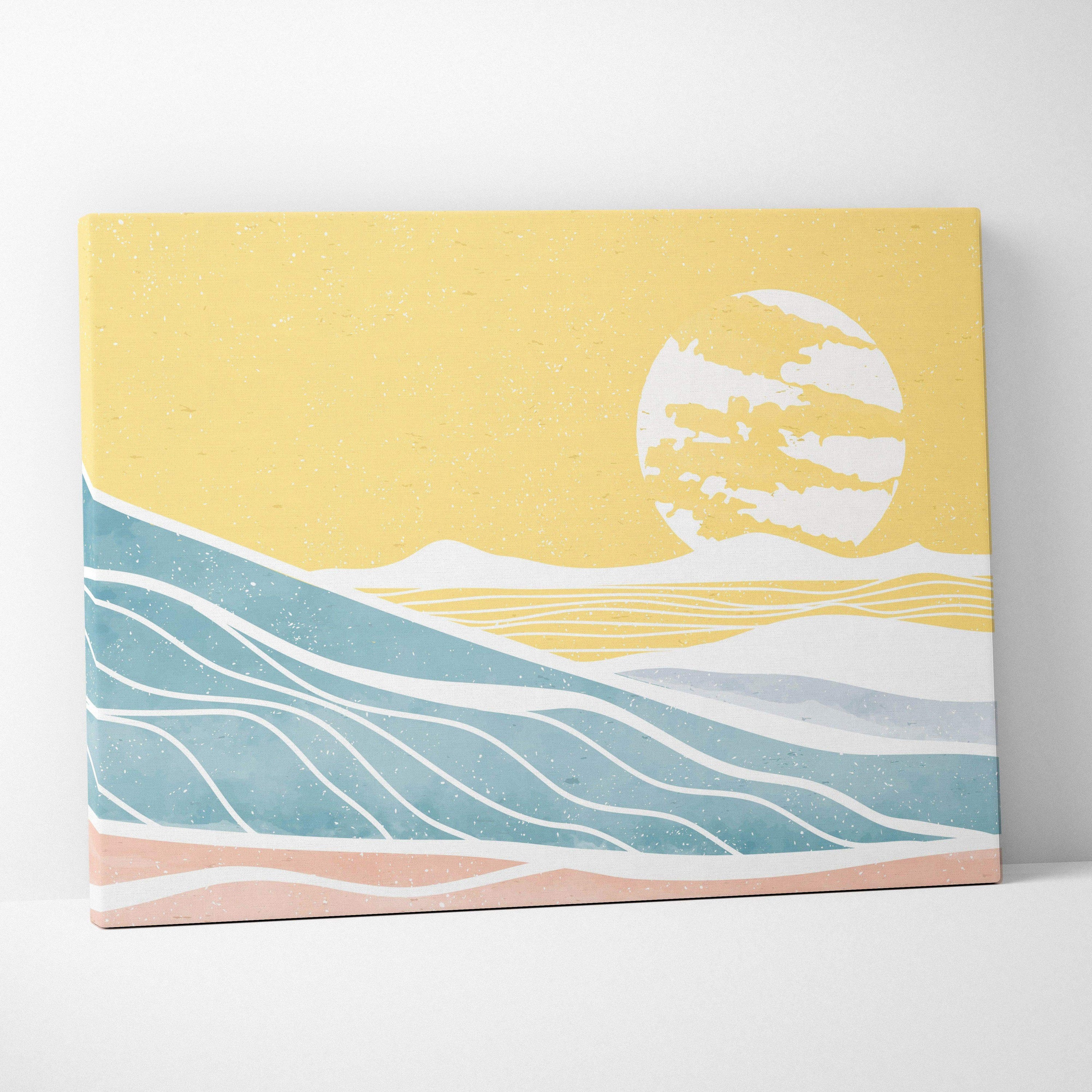 Minimalist coastal canvas print with blue waves, golden sunset, hills in pastel tones