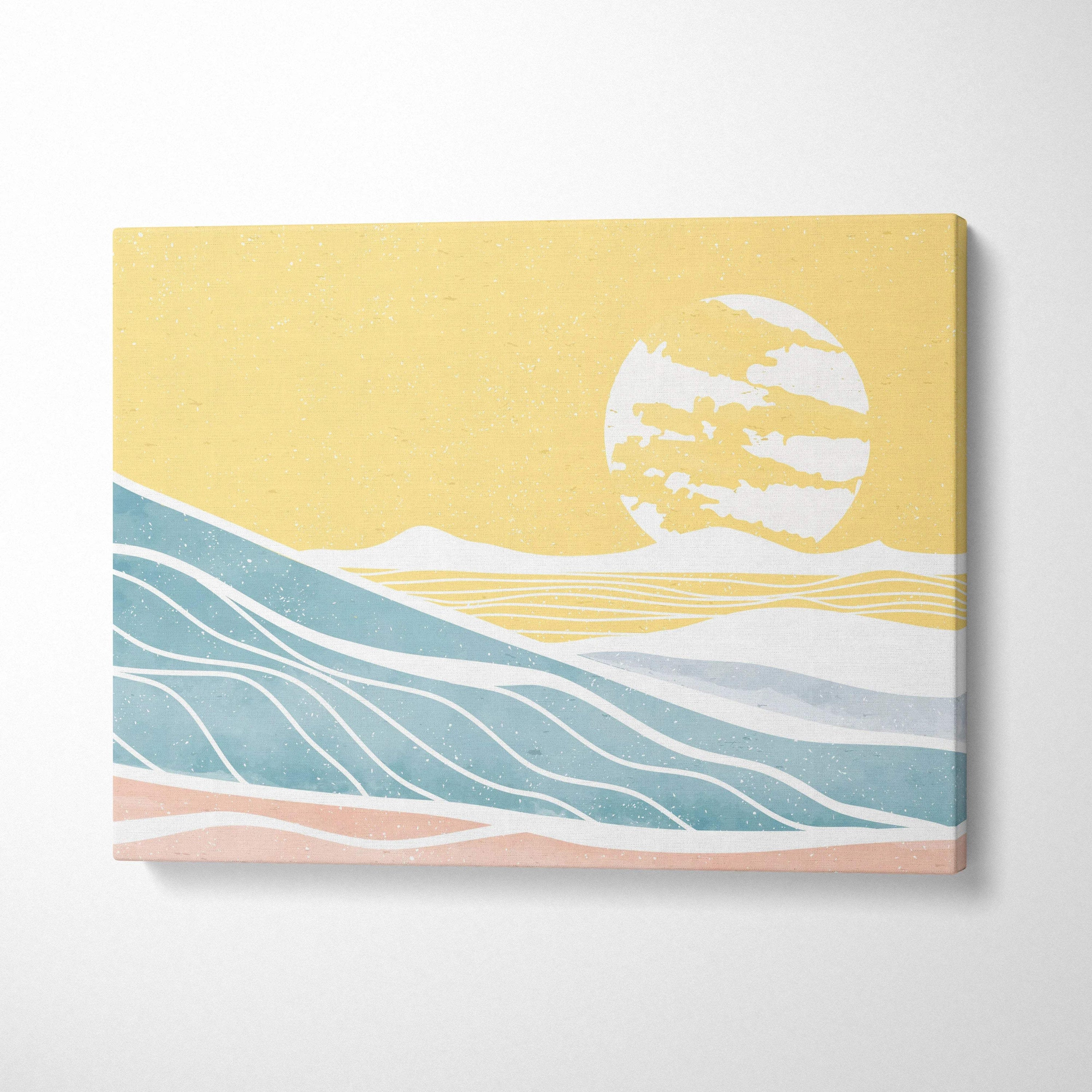 Minimalist coastal ocean canvas art with blue waves and golden sunset in pastels