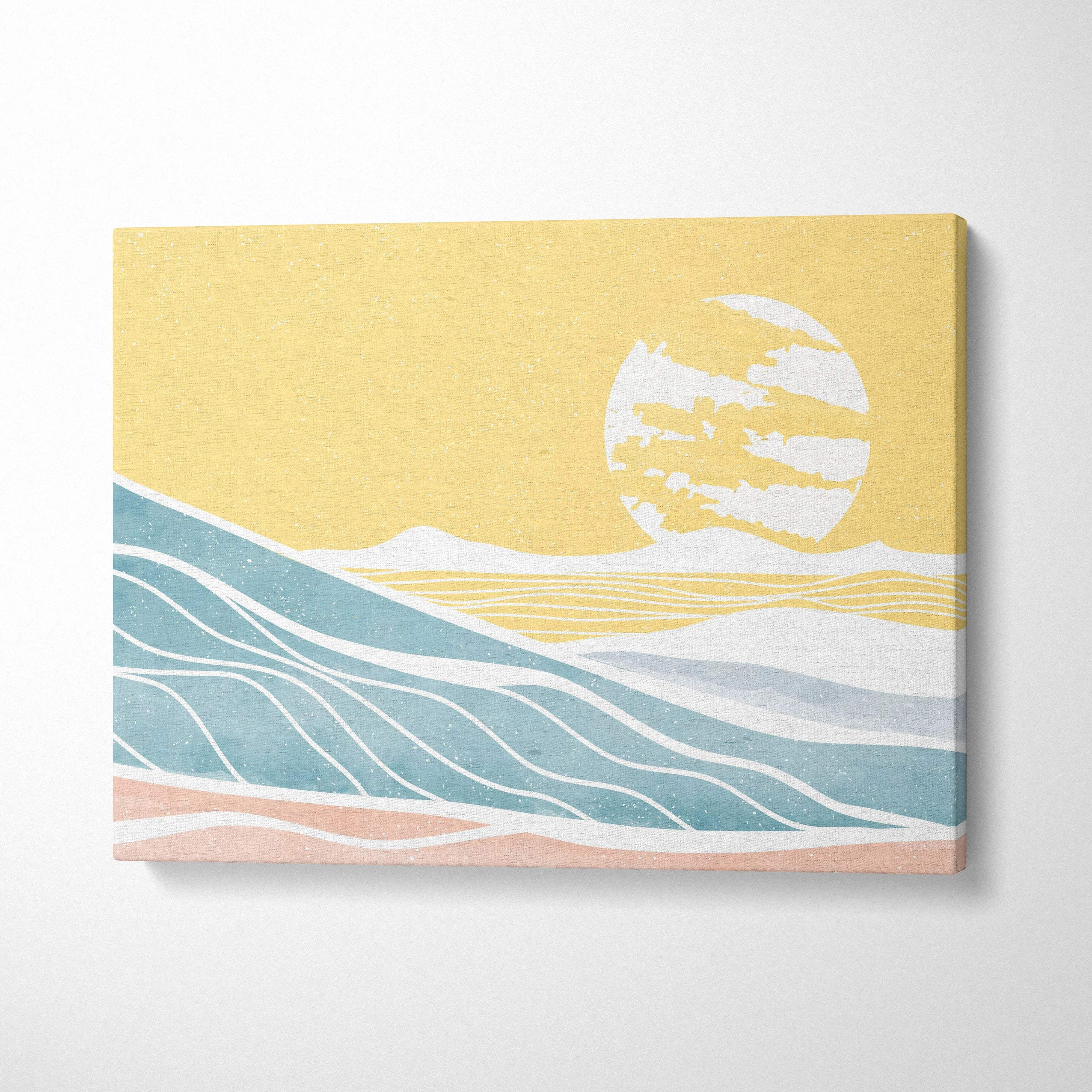 Minimalist coastal ocean canvas art with blue waves and golden sunset in pastels