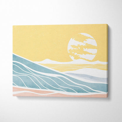 Minimalist coastal ocean canvas art with blue waves and golden sunset in pastels
