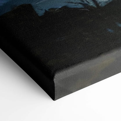 Black canvas wall art with textured surface and dark blue abstract design inspired by serene mountain river landscape