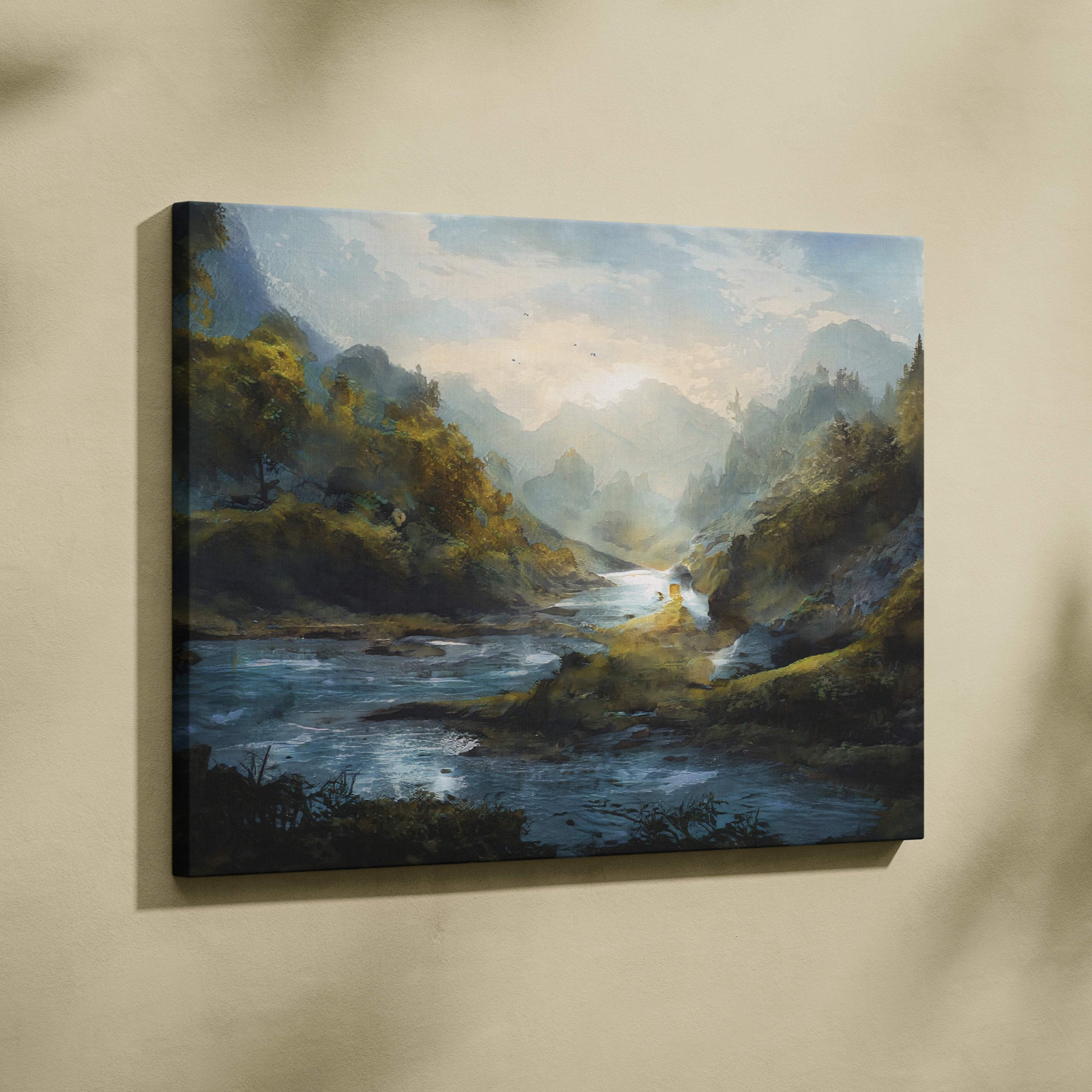 Serene mountain river landscape painting on stretched canvas with soft blues greens misty peaks and gentle sky