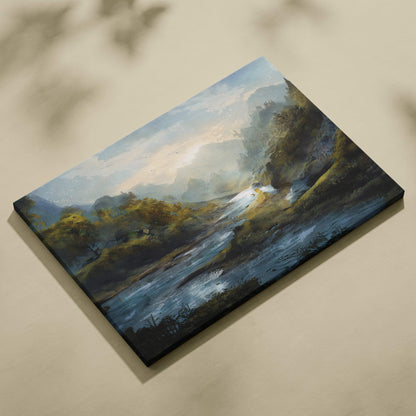 Serene mountain river landscape canvas print featuring a misty valley sunrise with flowing stream in blues and greens