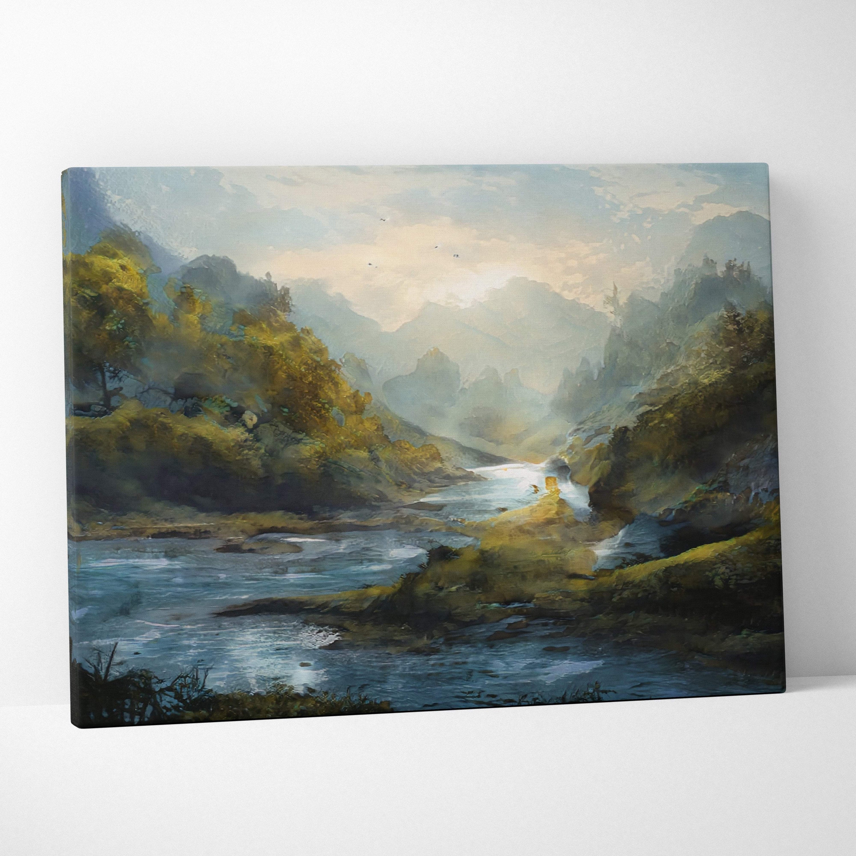 Serene mountain river landscape canvas print with flowing stream lush greenery and misty peaks under golden light