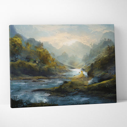 Serene mountain river landscape canvas print with flowing stream lush greenery and misty peaks under golden light