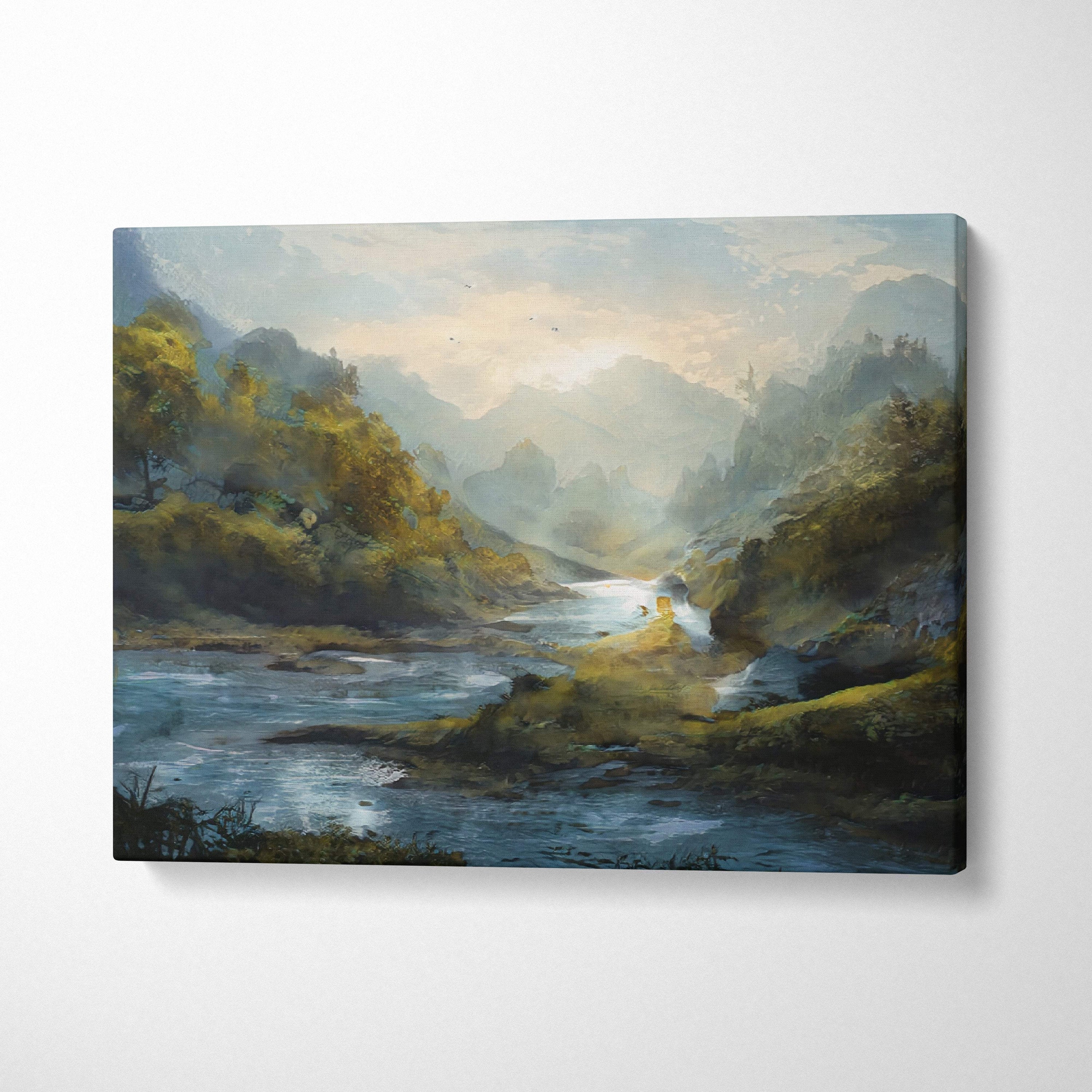 Serene mountain river landscape painting style wall art on stretched canvas with soft brushstrokes in muted greens blues and earth tones