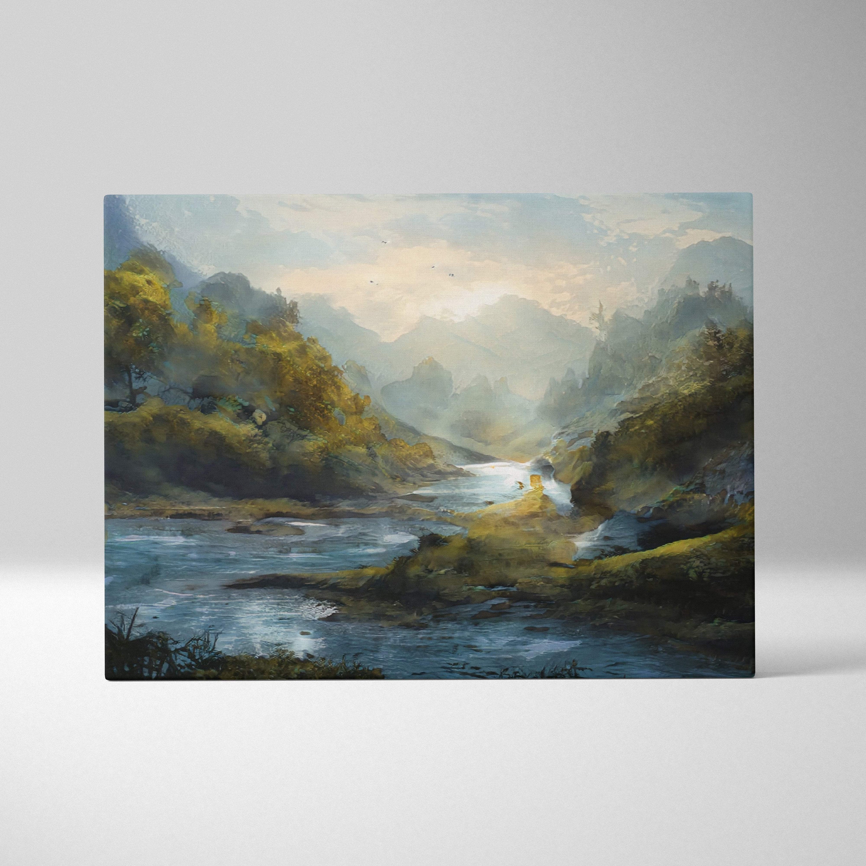 Rectangular canvas print of a serene mountain valley with a flowing river in soft greens and blues under misty sunlight