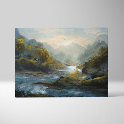 Rectangular canvas print of a serene mountain valley with a flowing river in soft greens and blues under misty sunlight