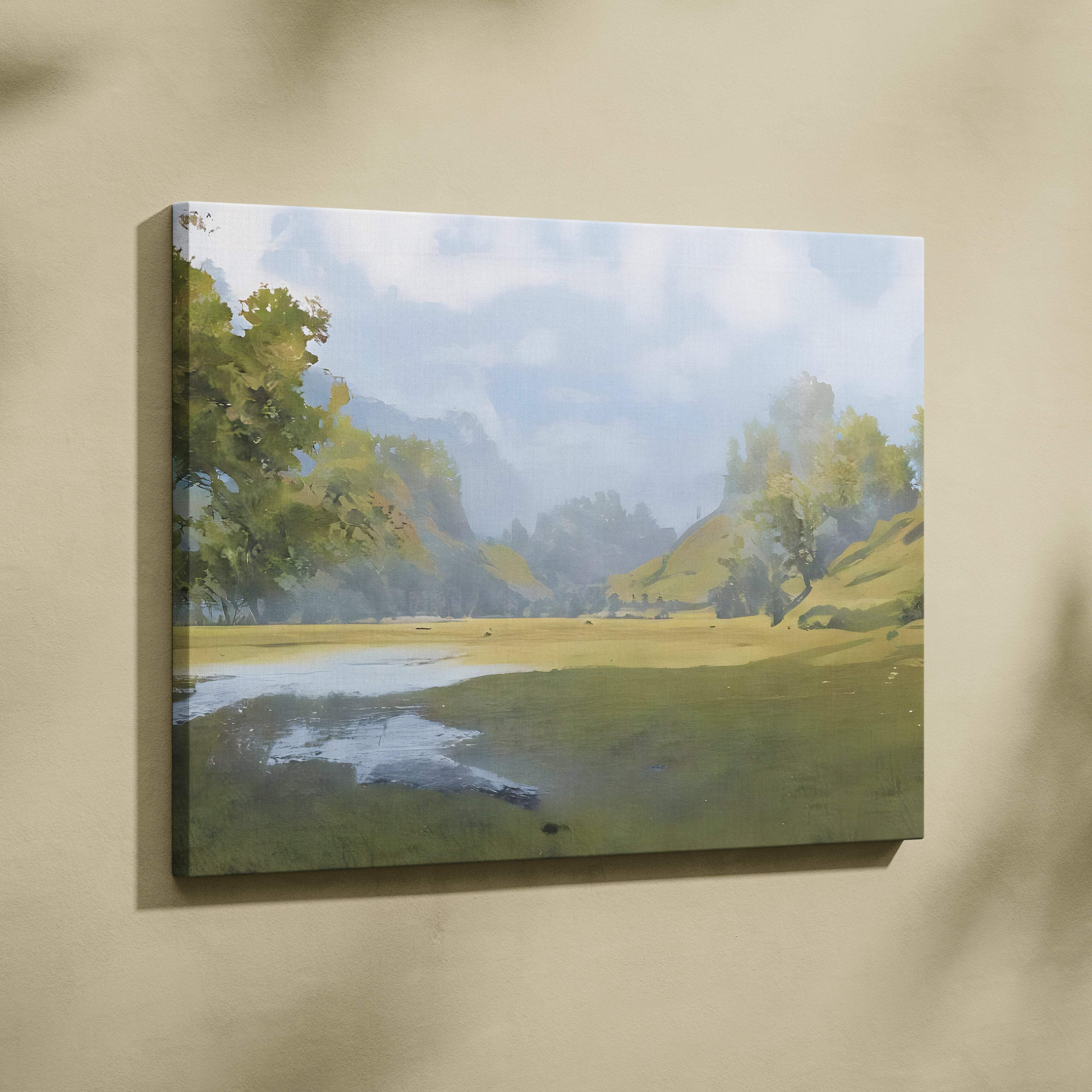 Soft misty meadow landscape painting on canvas with serene greens blues misty mountains and reflective water