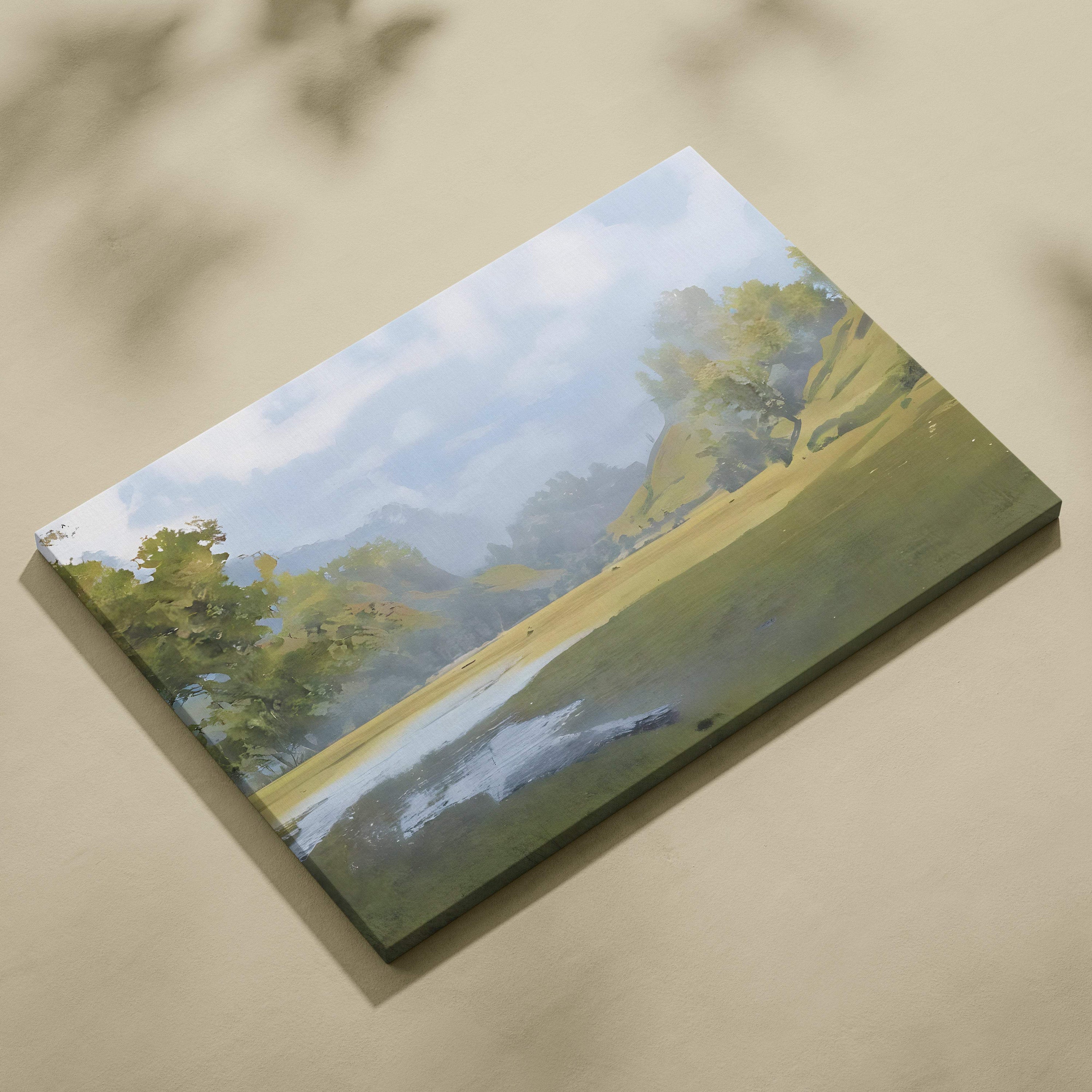 Soft misty meadow landscape painting style wall art featuring green trees rolling hills and reflective water on canvas