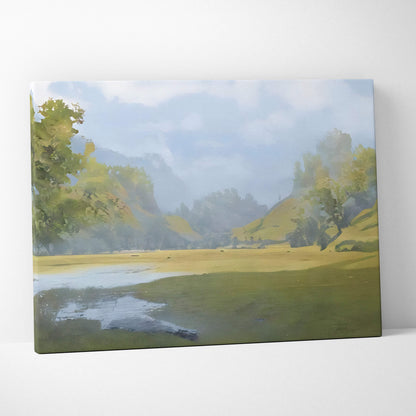 Rectangular canvas print of a soft misty meadow landscape with green trees, rolling hills, and a gentle reflective stream