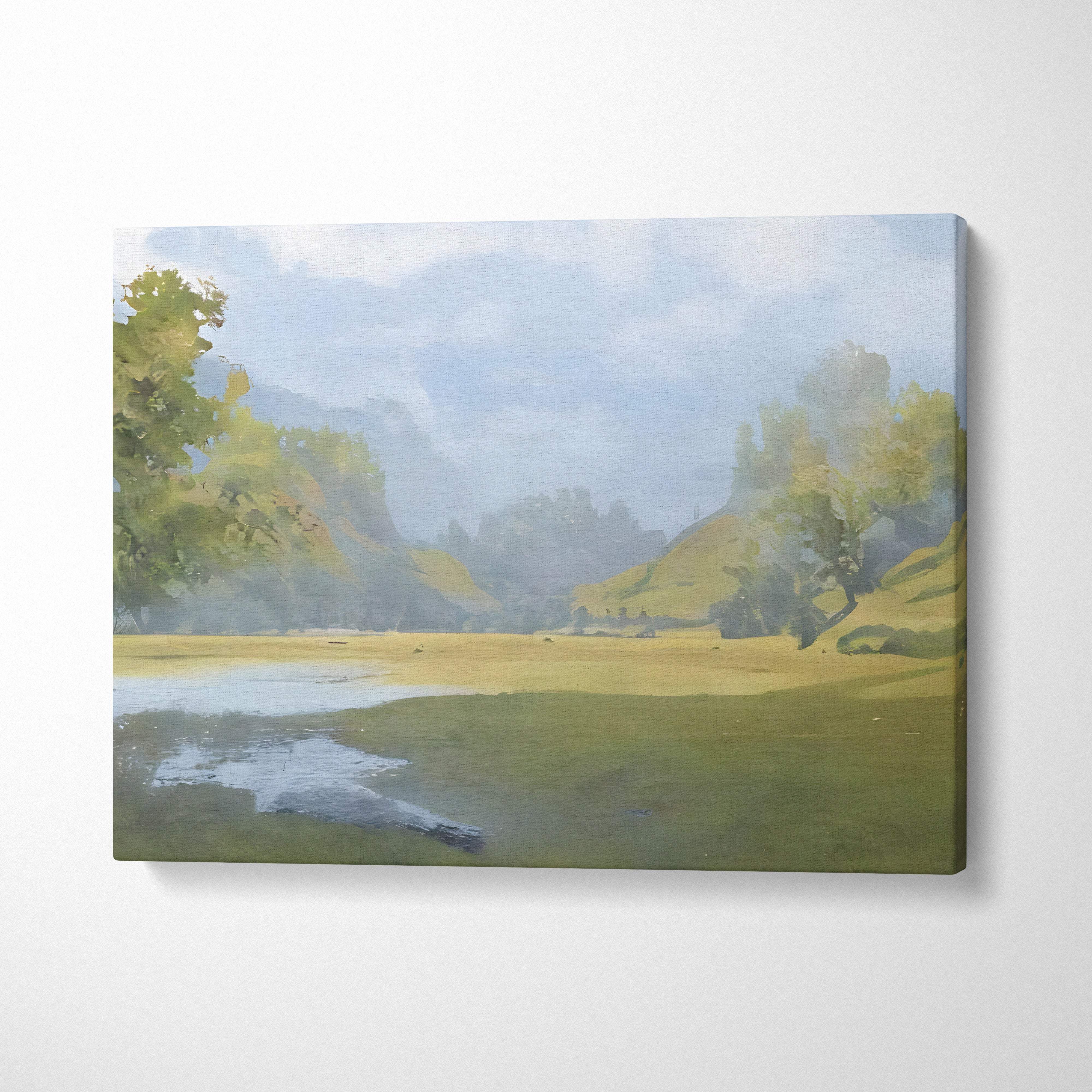 Soft misty meadow landscape painting on rectangular canvas features green trees rolling hills and a reflective river