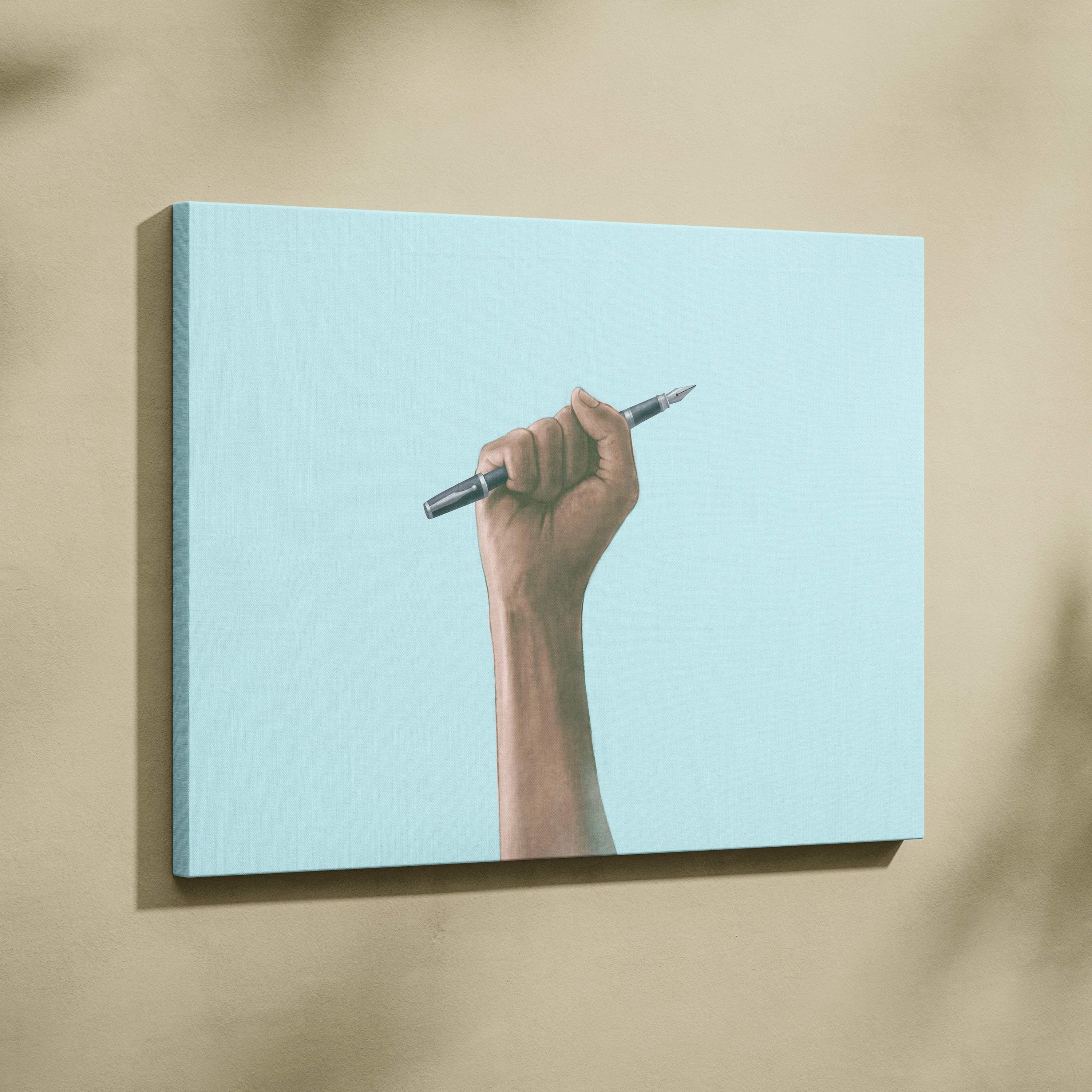 A hand holding a sleek black fountain pen on a soft aqua canvas in contemporary fist with pen wall art for office decor
