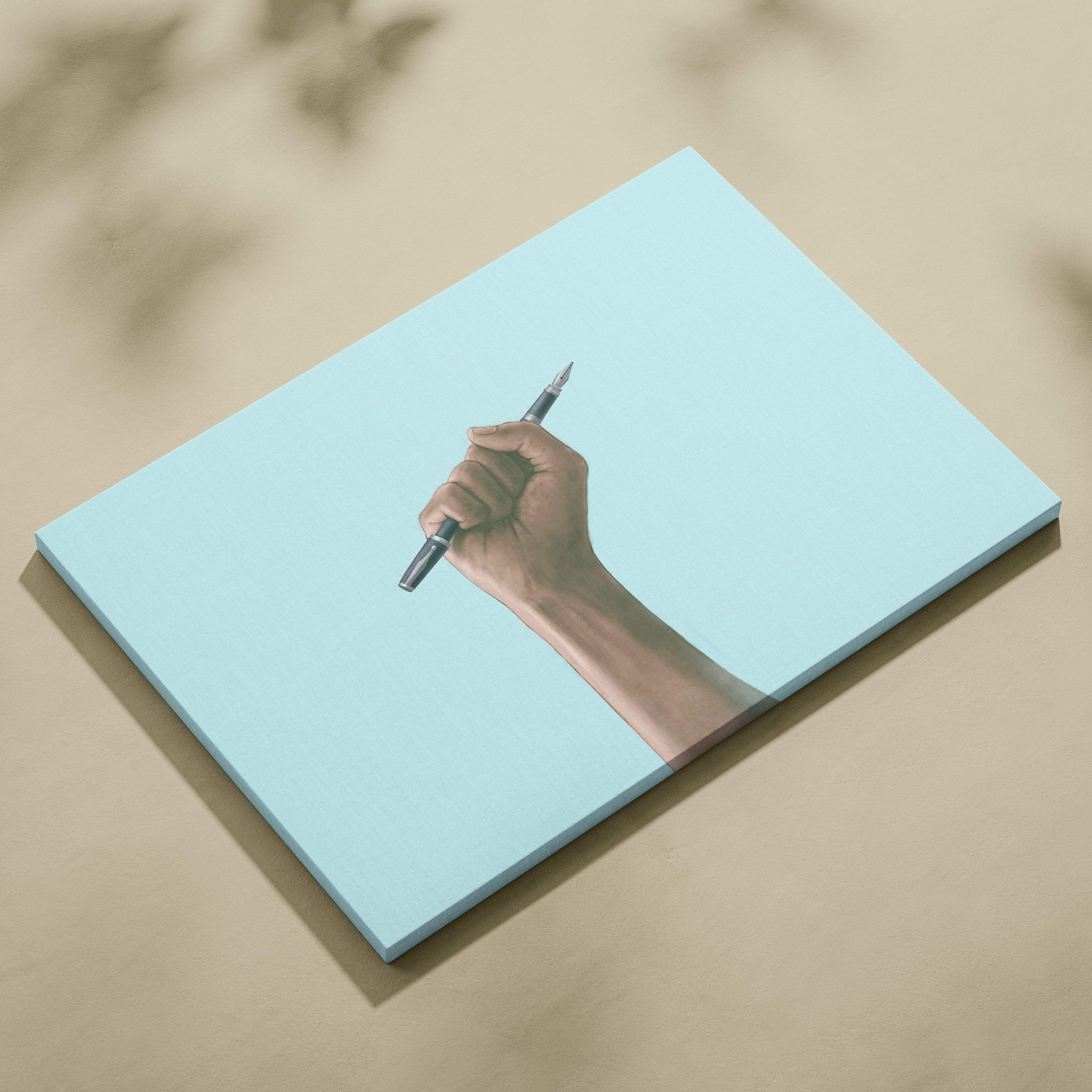 Light blue rectangular canvas wall art featuring a detailed hand holding a fountain pen illustration for office decor
