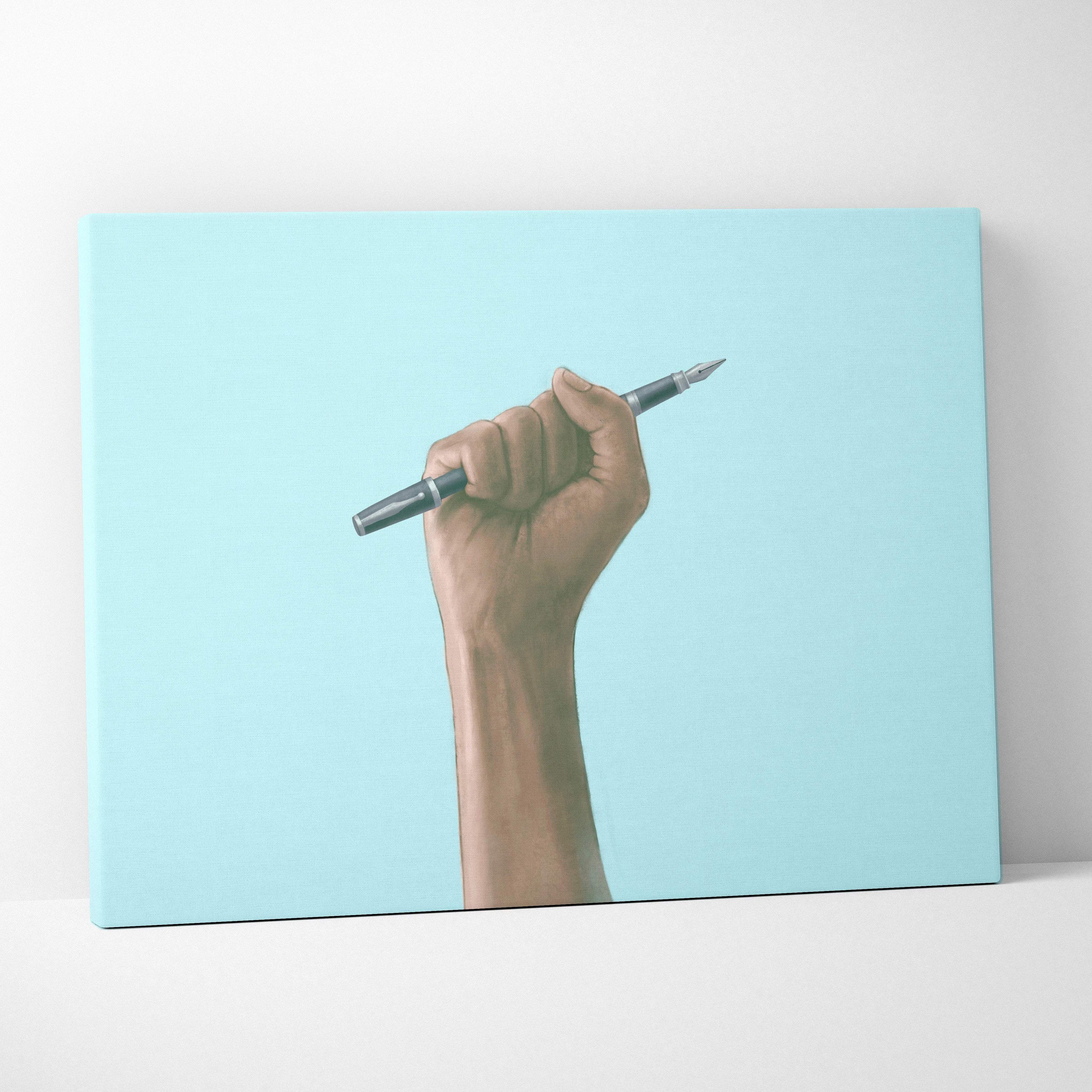 A hand holding a sleek black fountain pen with silver nib on light blue canvas contemporary fist with pen wall art