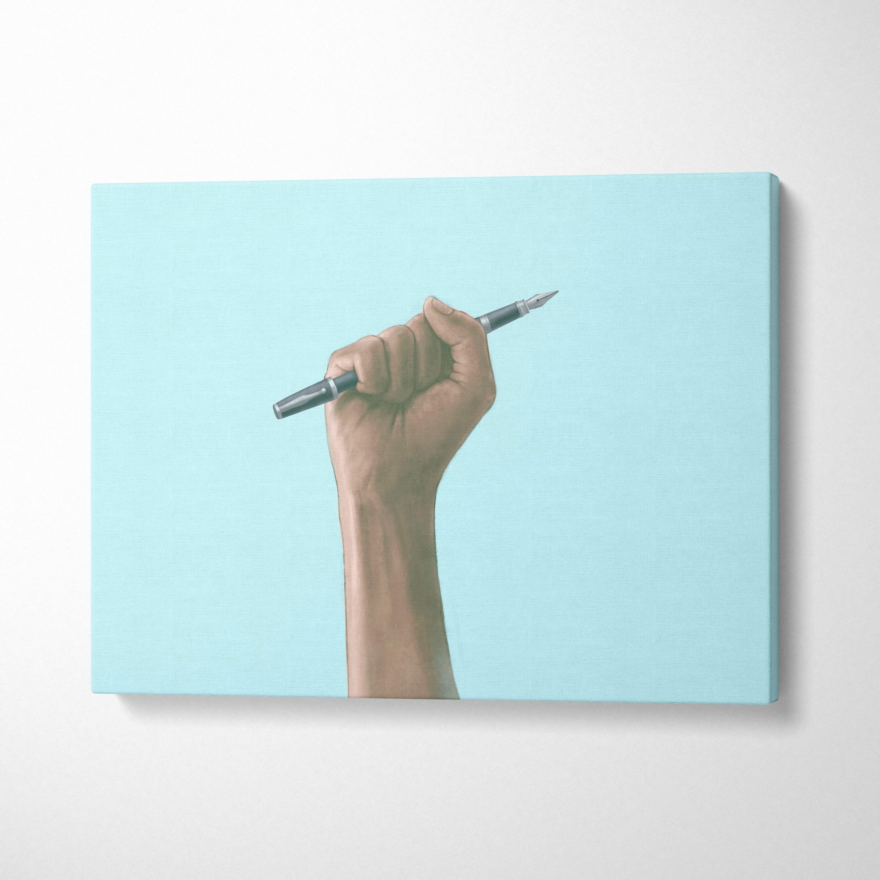 A hand holding a sleek black fountain pen against a soft blue canvas in contemporary fist with pen wall art