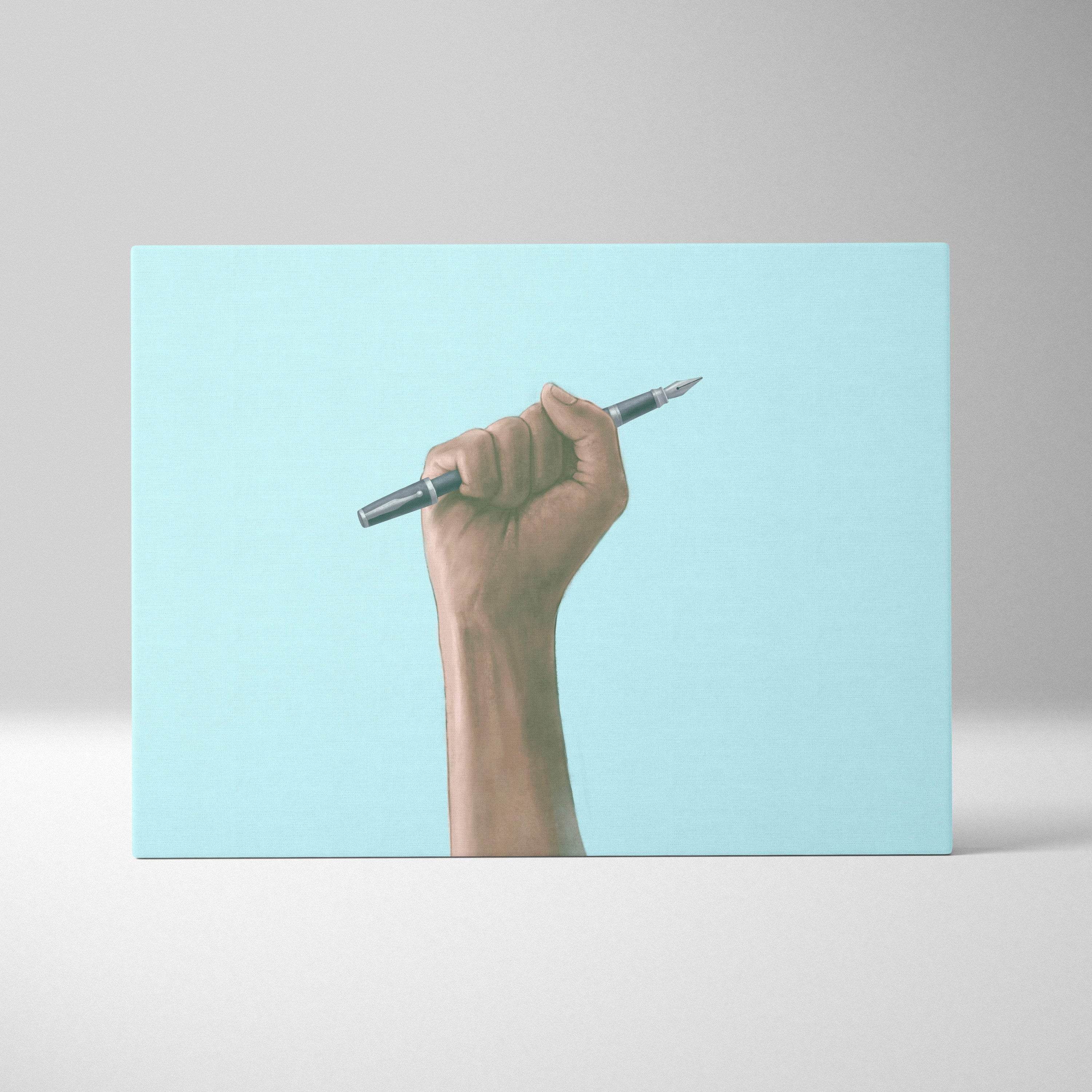 A hand holding a sleek black fountain pen with metallic nib on a light blue canvas in contemporary office art print