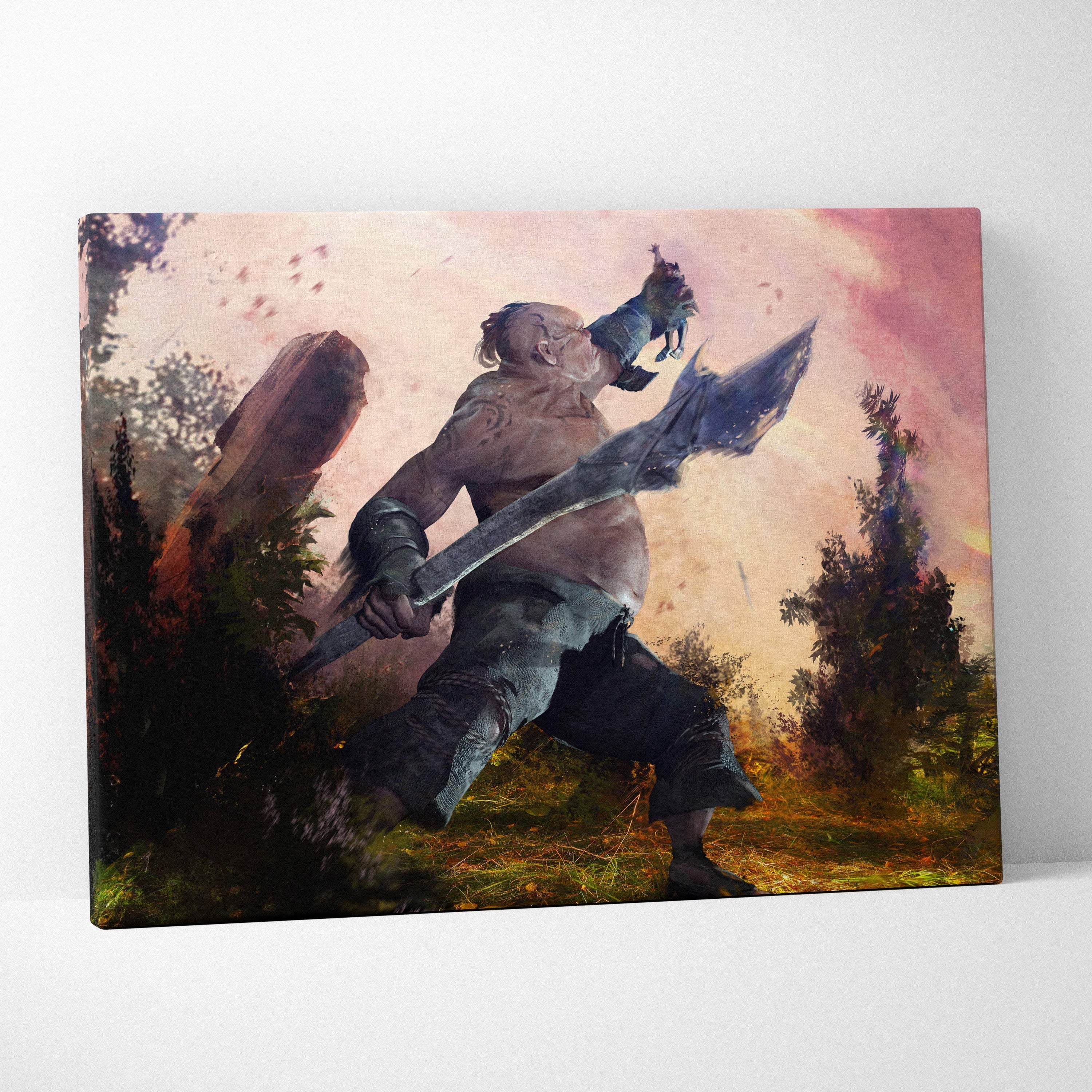 A vibrant canvas print of a muscular warrior in dark armor wielding a massive axe against a pink orange sky