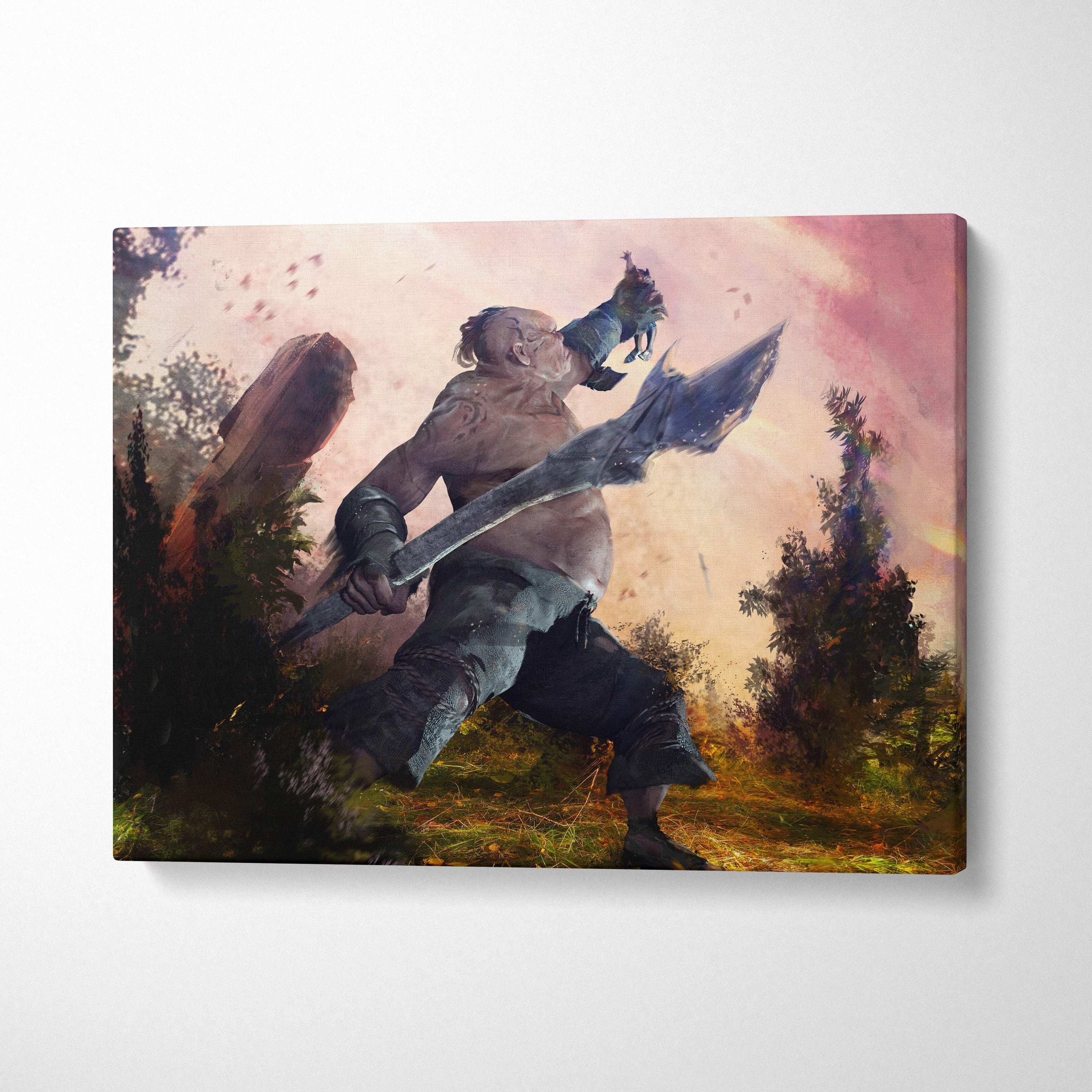 A vibrant canvas print of a muscular warrior in dark armor wielding a massive axe against a pink and orange sky