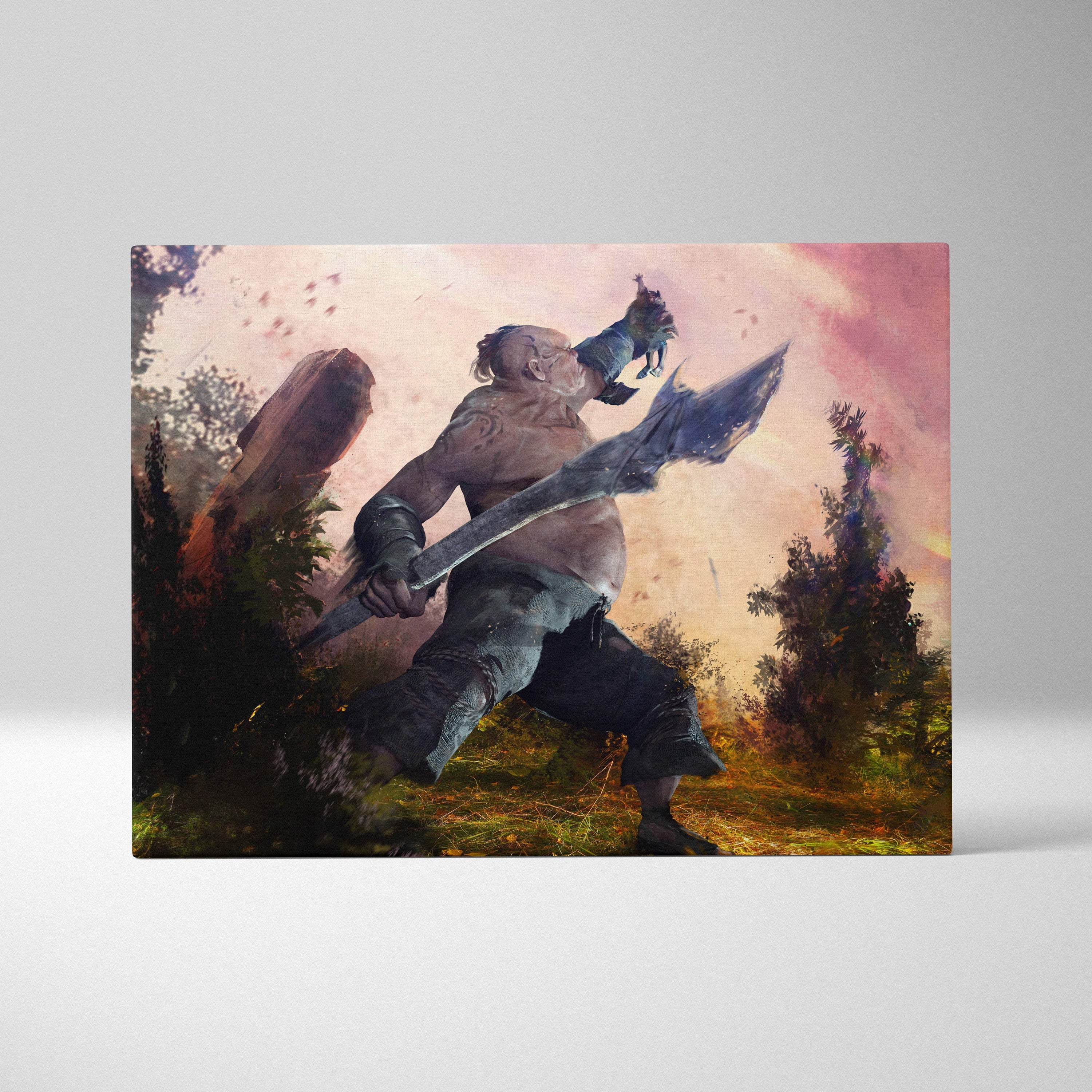 Rectangular canvas print of a muscular armored warrior with a massive axe against a dramatic sunset backdrop