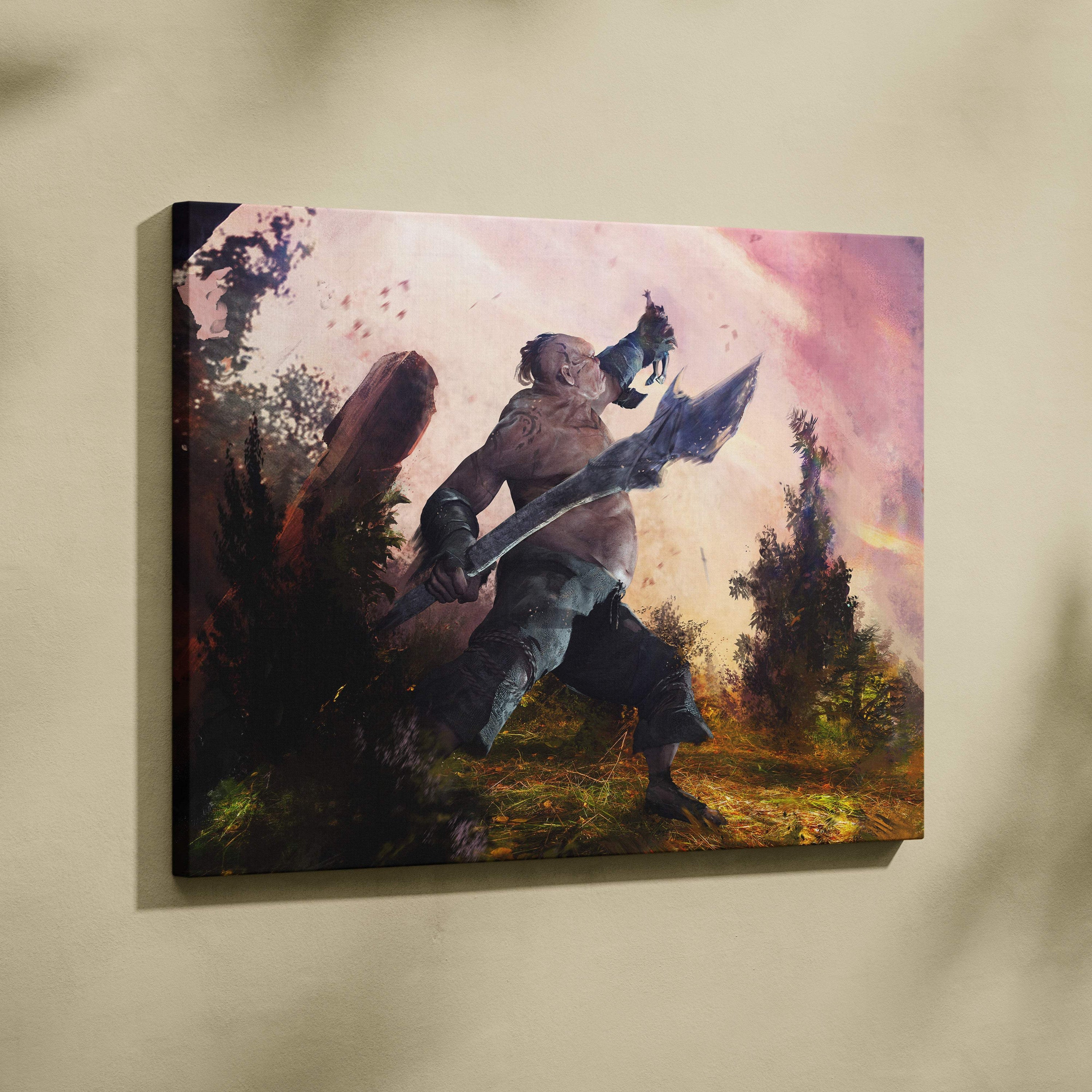 Rectangular canvas print featuring a muscular armored barbarian warrior with a massive axe against a pink orange sunset