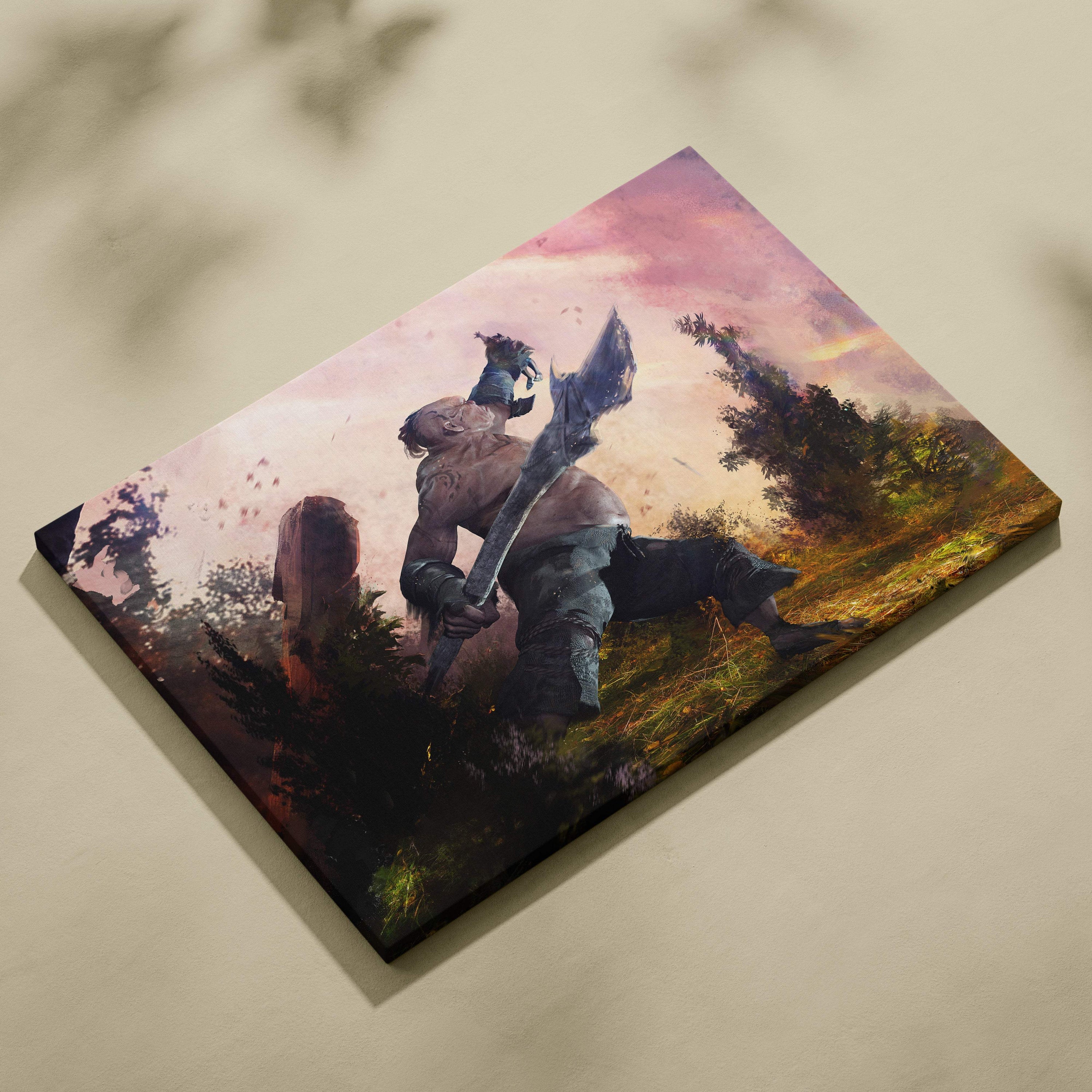 A rectangular canvas print of a muscular warrior in dark armor wielding a jagged sword against pink and orange skies