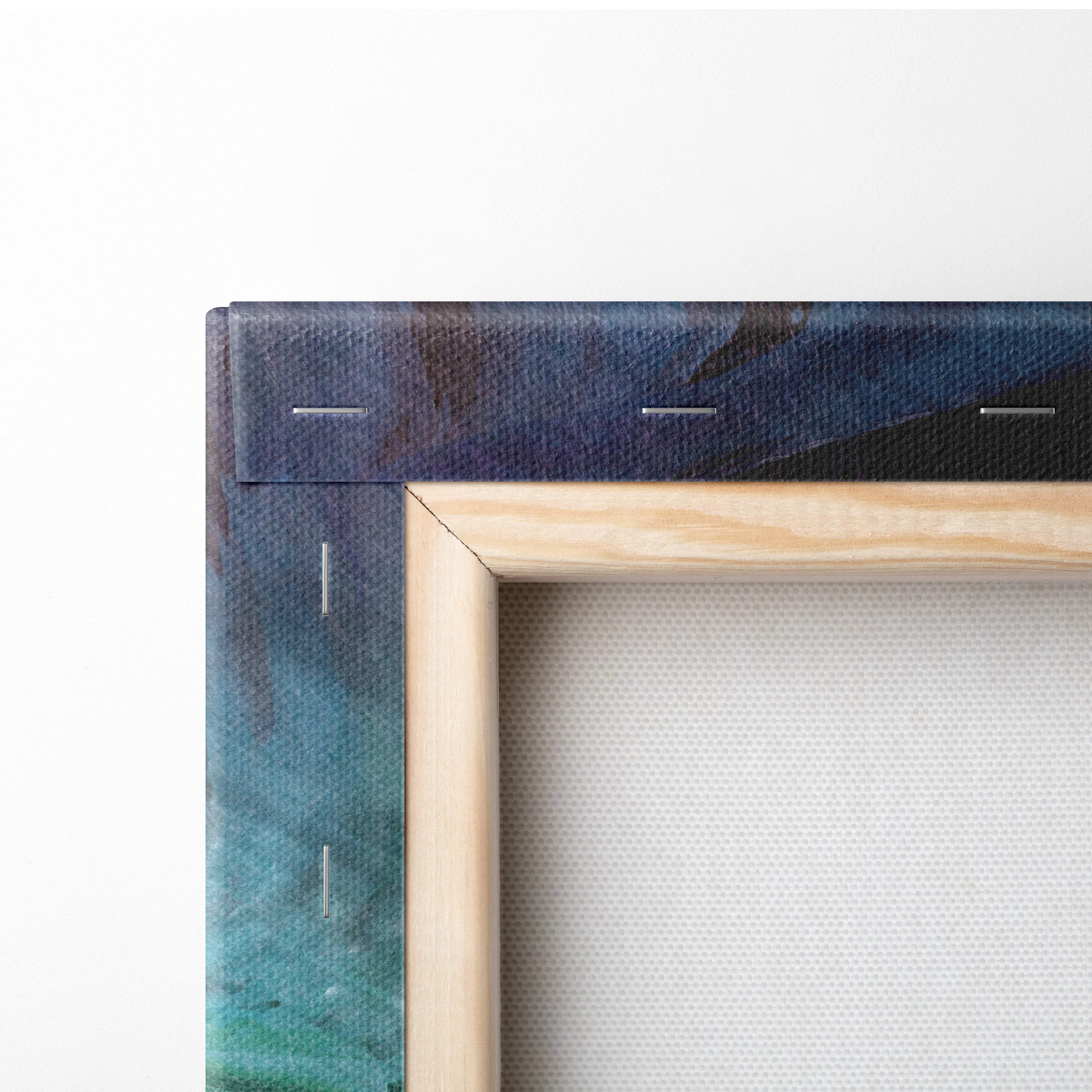 A minimalist wooden frame with natural finish holding undead dragon canvas art featuring glowing green aura and gothic ruins