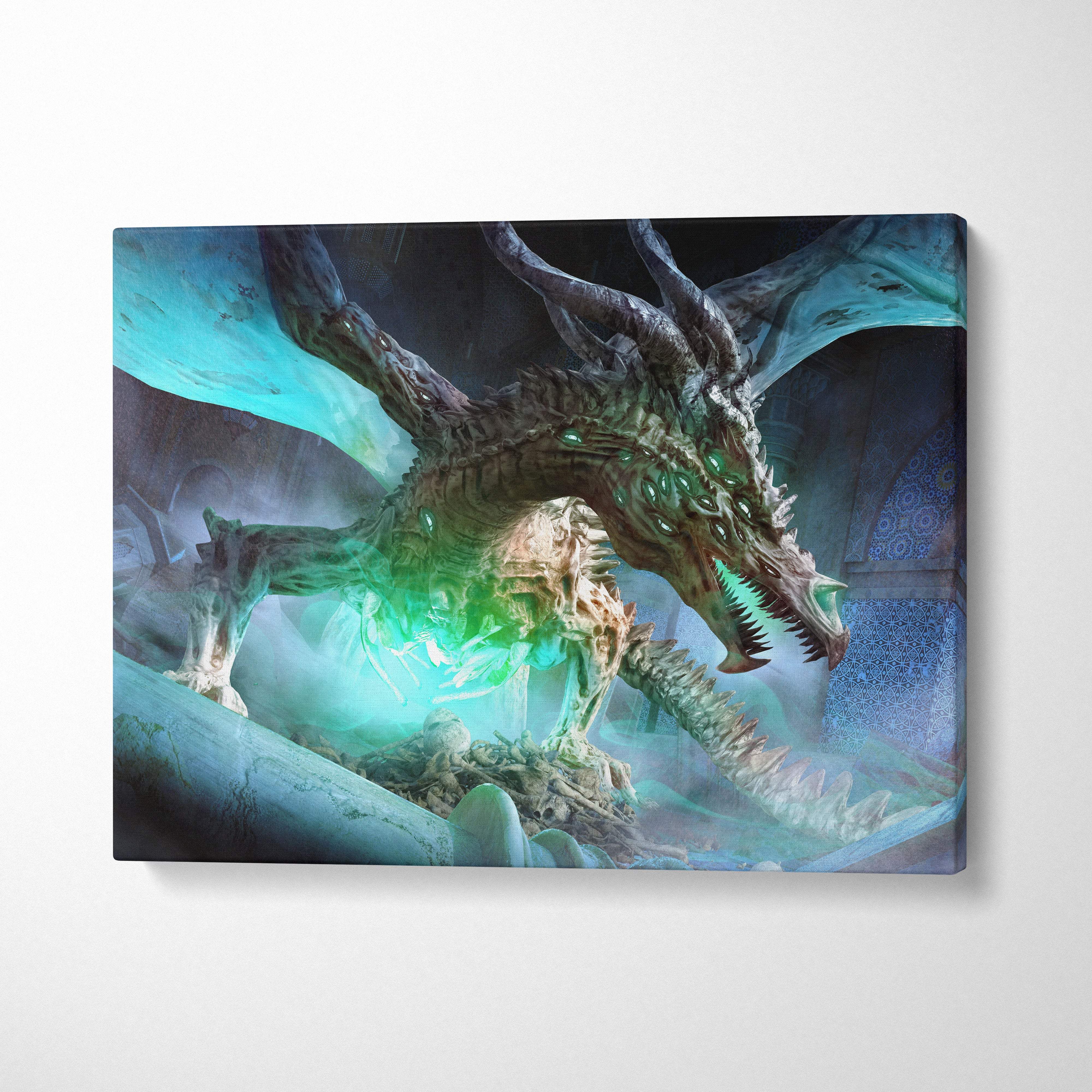 Undead dragon canvas art featuring a skeletal dragon with glowing green eyes and turquoise wings in gothic ruins