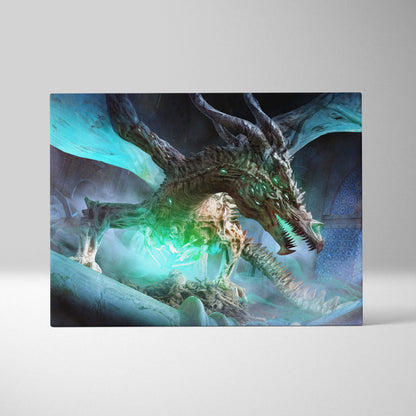 Rectangular canvas print of undead dragon with glowing green eyes and skeletal wings on icy blue fantasy background