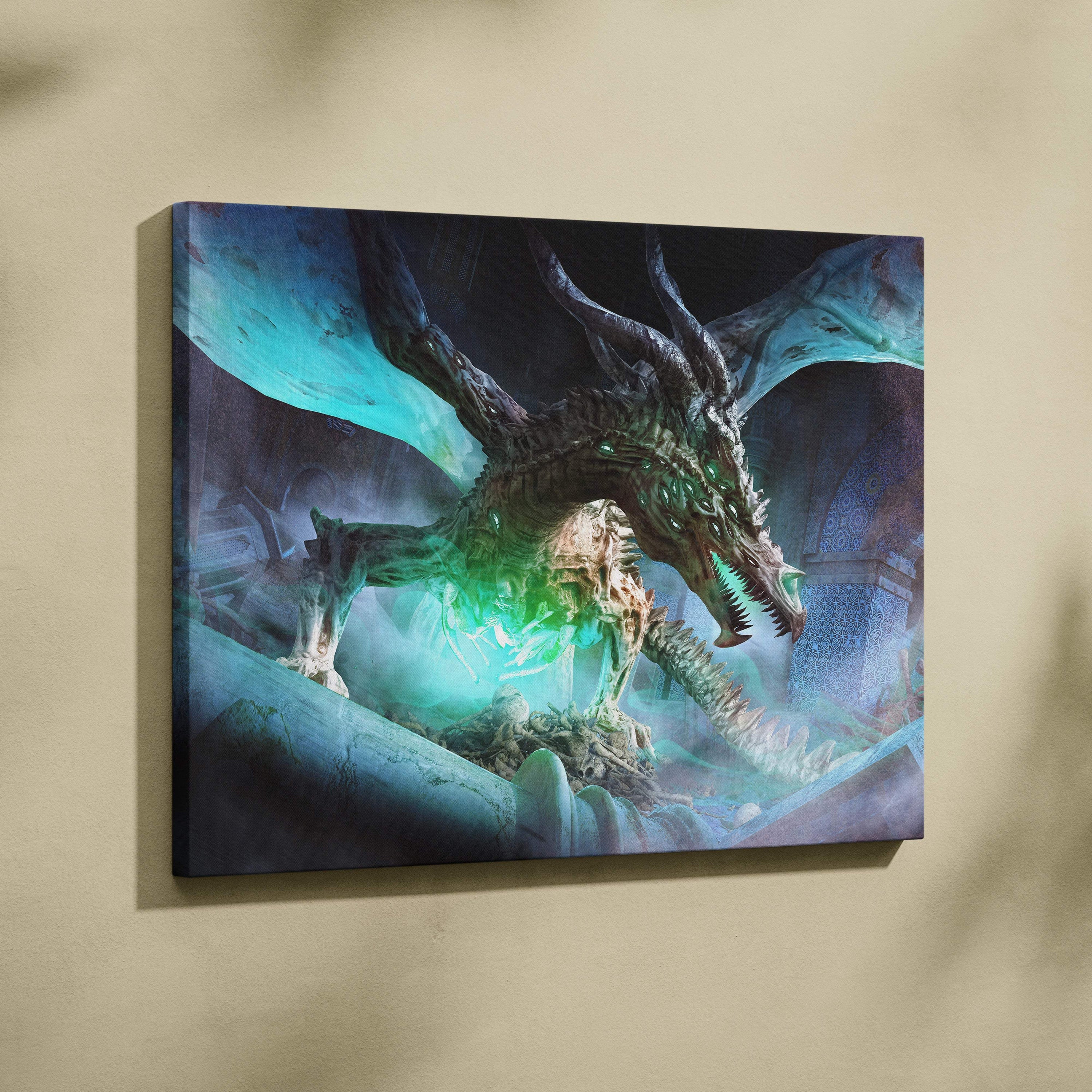 A dark fantasy undead dragon canvas art with glowing green eyes and skeletal wings against a blue green mystical backdrop