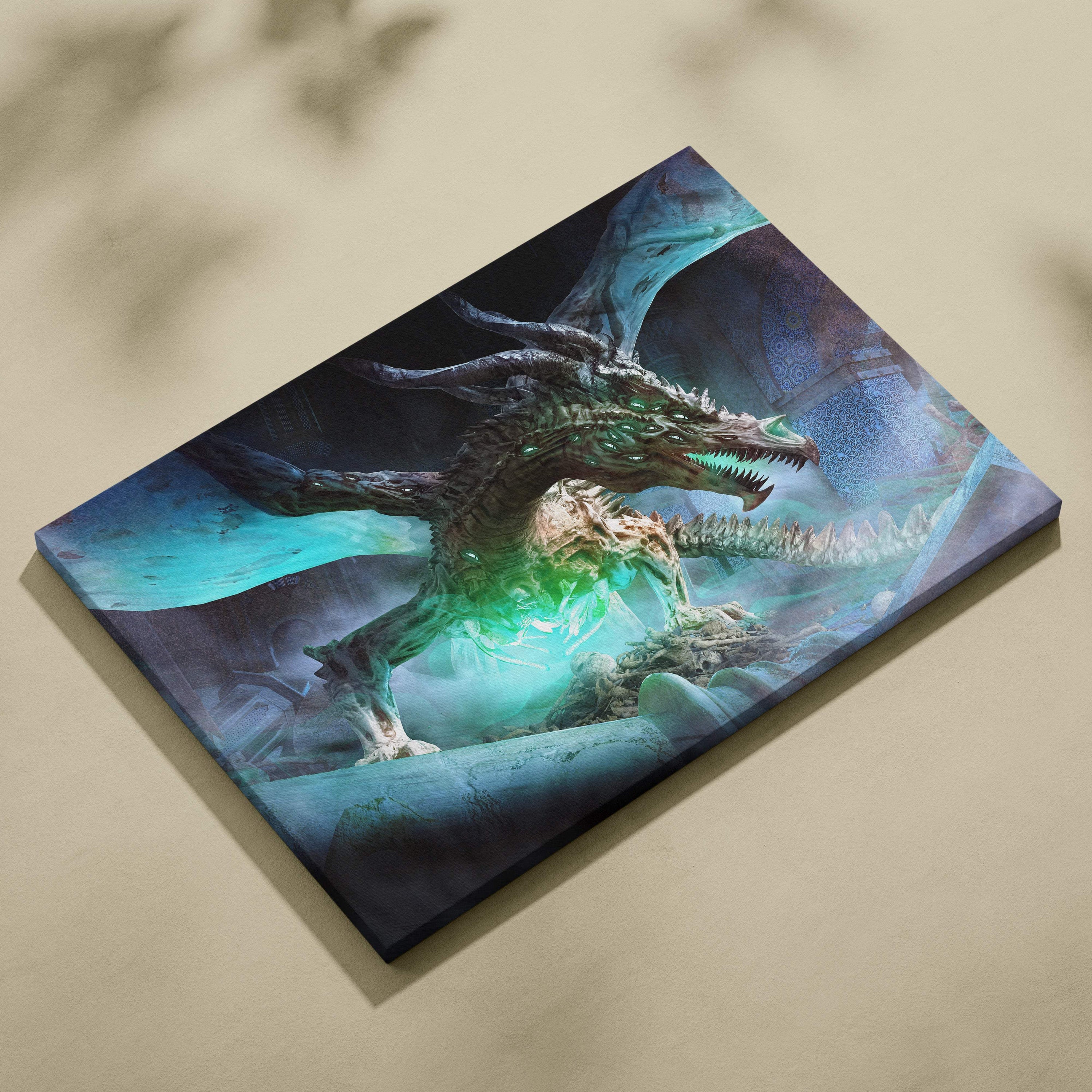Undead dragon canvas art featuring a detailed fantasy dragon with glowing green accents and textured scales
