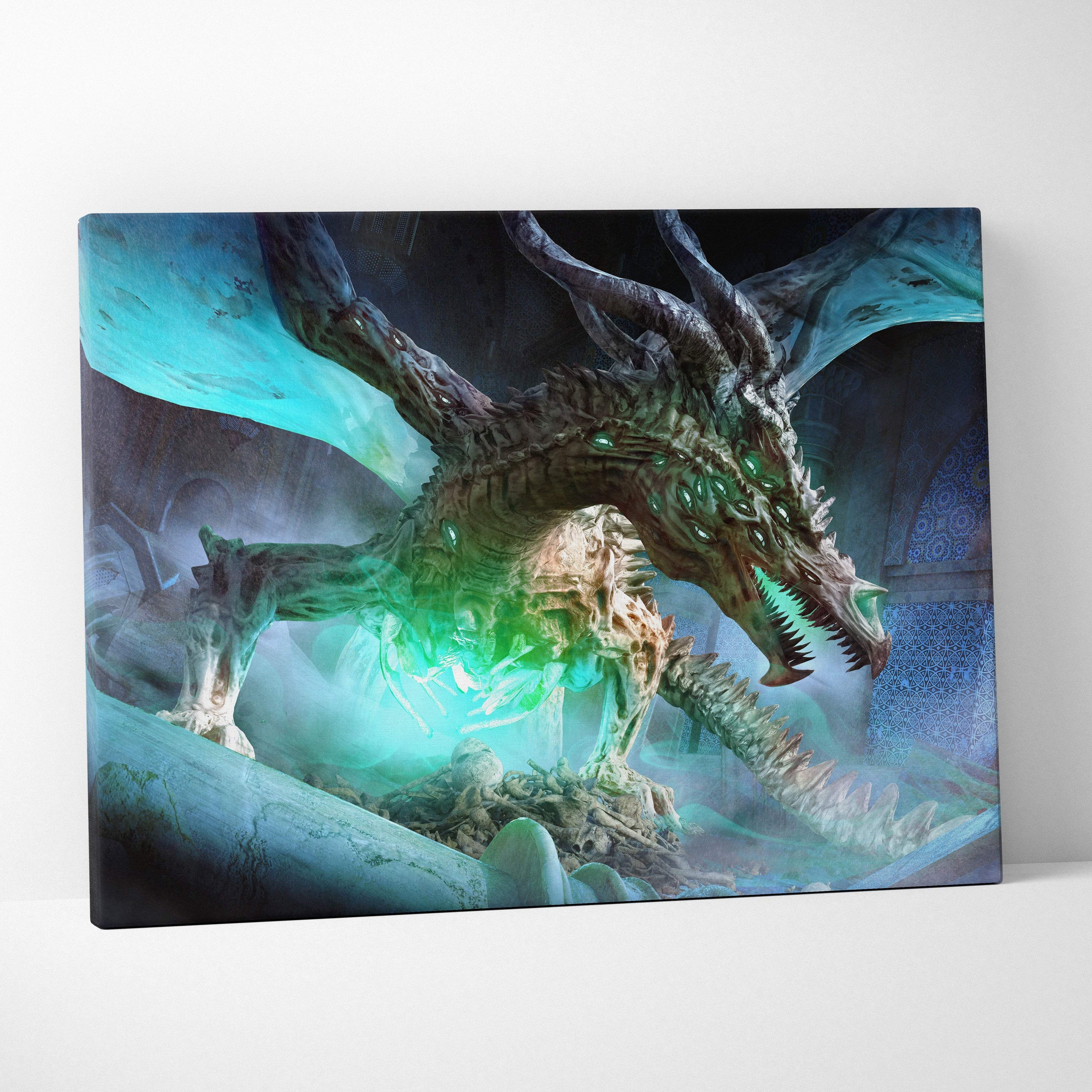 Undead dragon canvas art featuring a dark-scaled dragon with glowing green eyes and skeletal wings on a blue-green backdrop