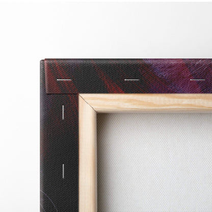 A wooden-framed canvas print with dark textured border featuring deep red and purple abstract brushstrokes