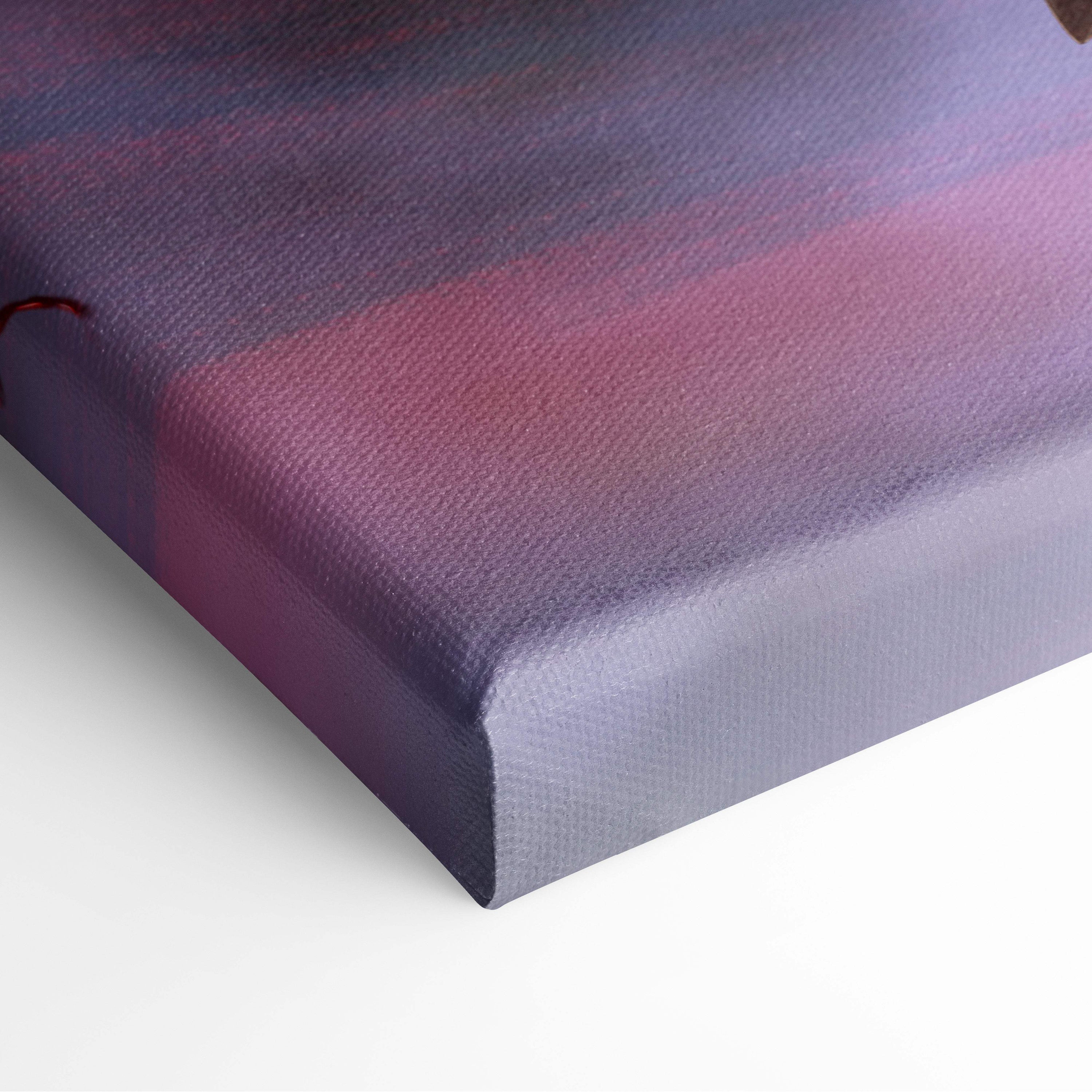 A dark demon huntress canvas art with blood red energy and glowing eyes on textured fabric in pink and purple gradient