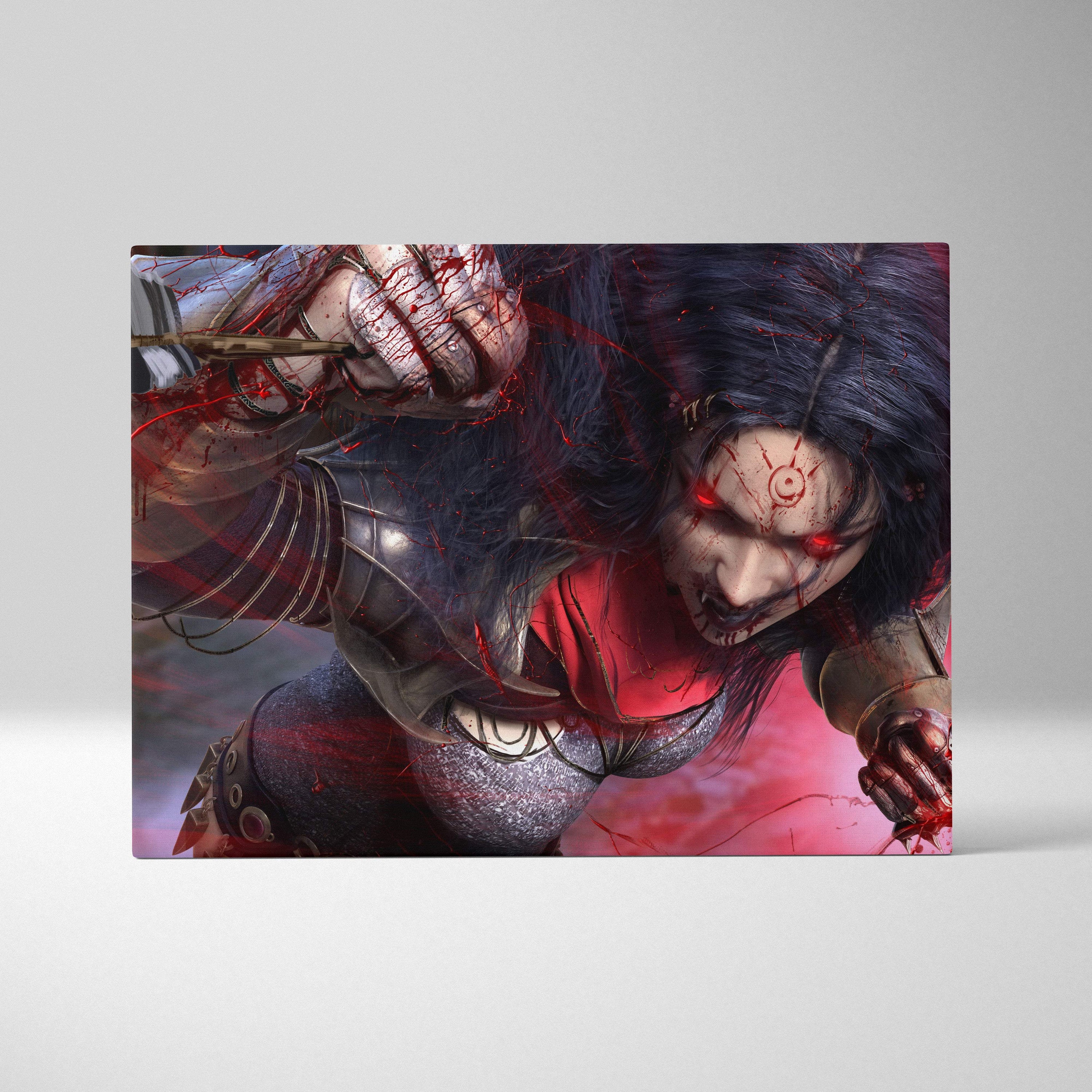 Rectangular canvas print of a dark-haired red-eyed warrior in metallic armor with blood splatters and facial markings