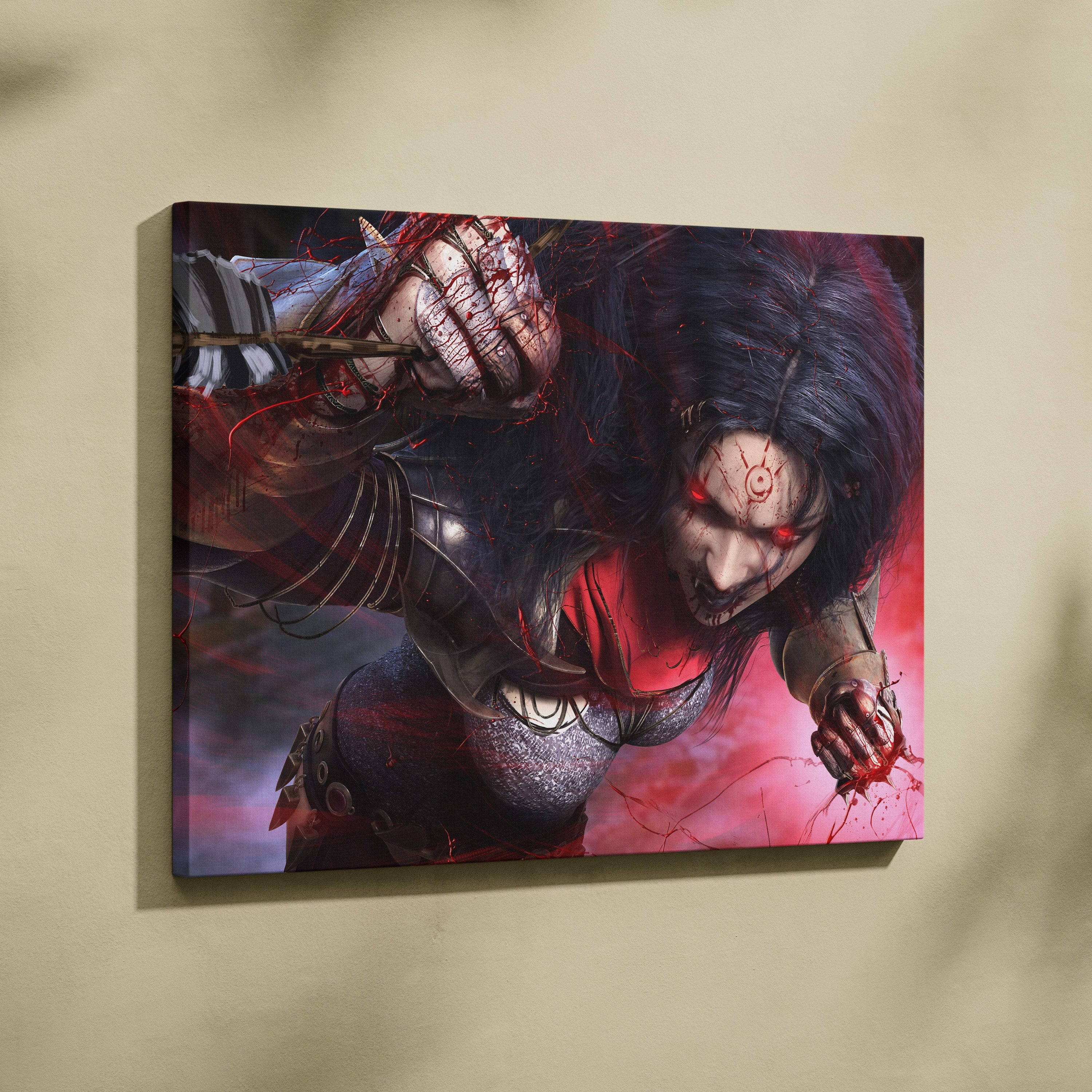 Dark demon huntress canvas art featuring a dark-haired warrior in black and red armor with blood red energy background