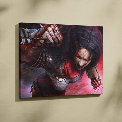 Dark demon huntress canvas art featuring a dark-haired warrior in black and red armor with blood red energy background