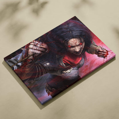 Dark demon huntress canvas art featuring a dark-haired armored female warrior with glowing red eyes and blood splatters