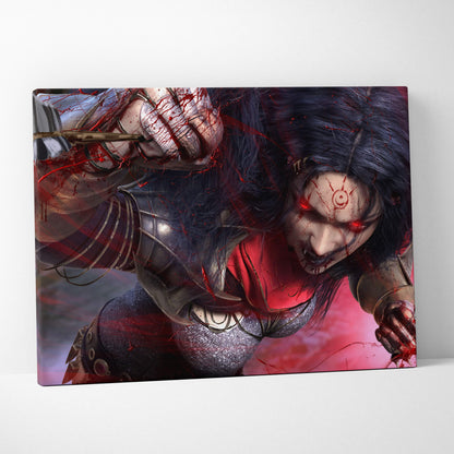 A framed canvas print of a dark-haired warrior with glowing red eyes in metallic armor wielding a blood-splattered weapon