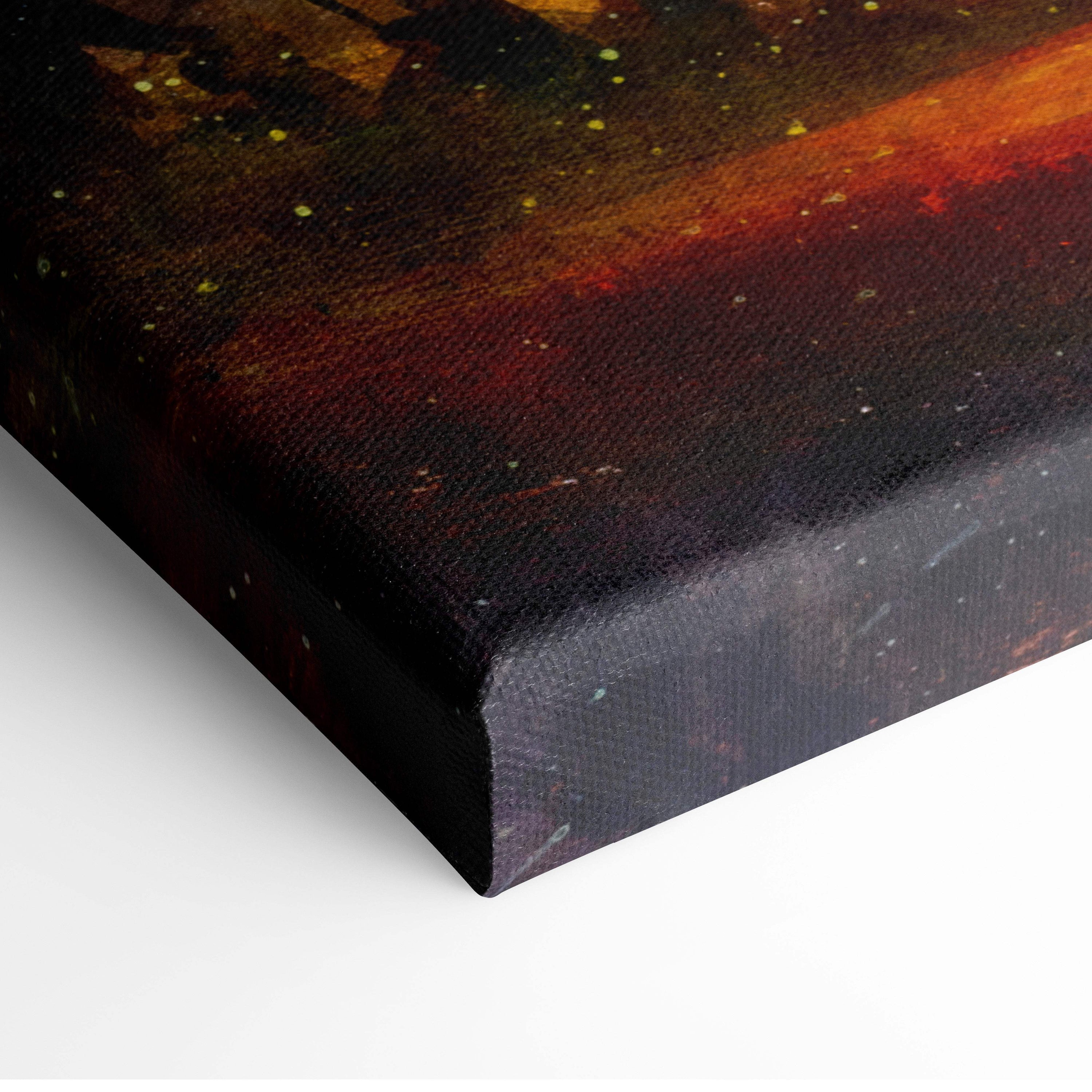 Angel warrior textured canvas print with cosmic fiery oranges reds and golden stars for dramatic wall art