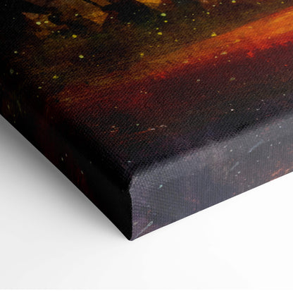 Angel warrior textured canvas print with cosmic fiery oranges reds and golden stars for dramatic wall art