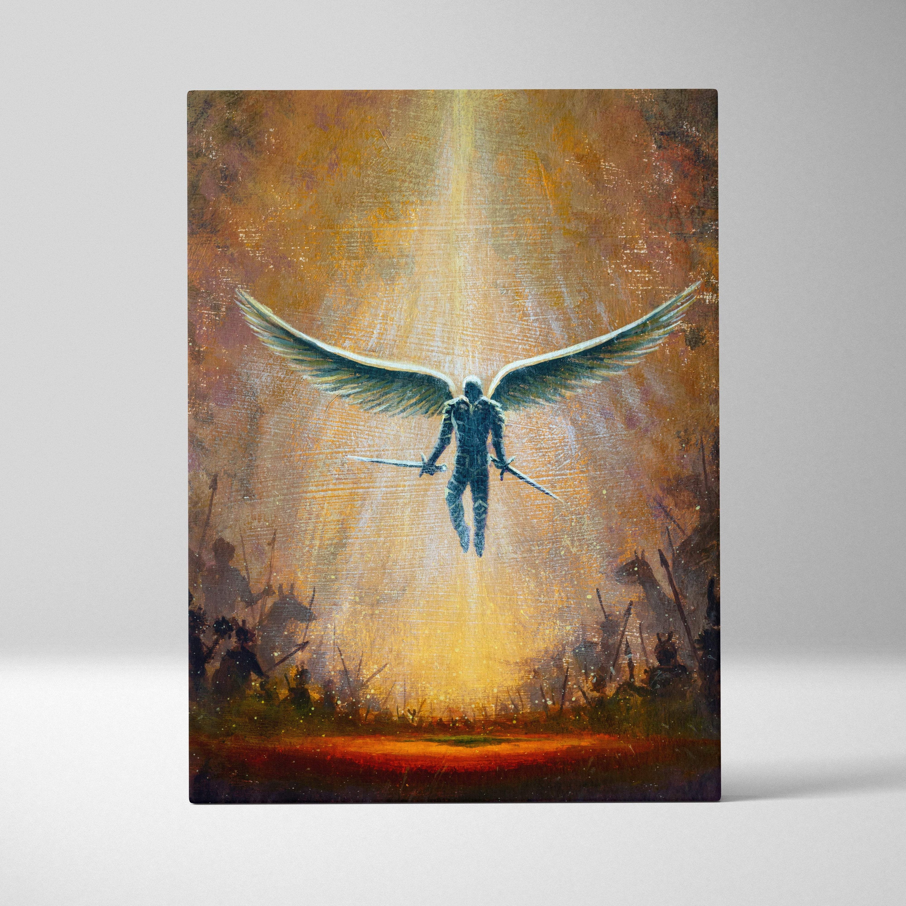 Angel warrior canvas print featuring a dark winged figure with two swords against a radiant gold and orange backdrop