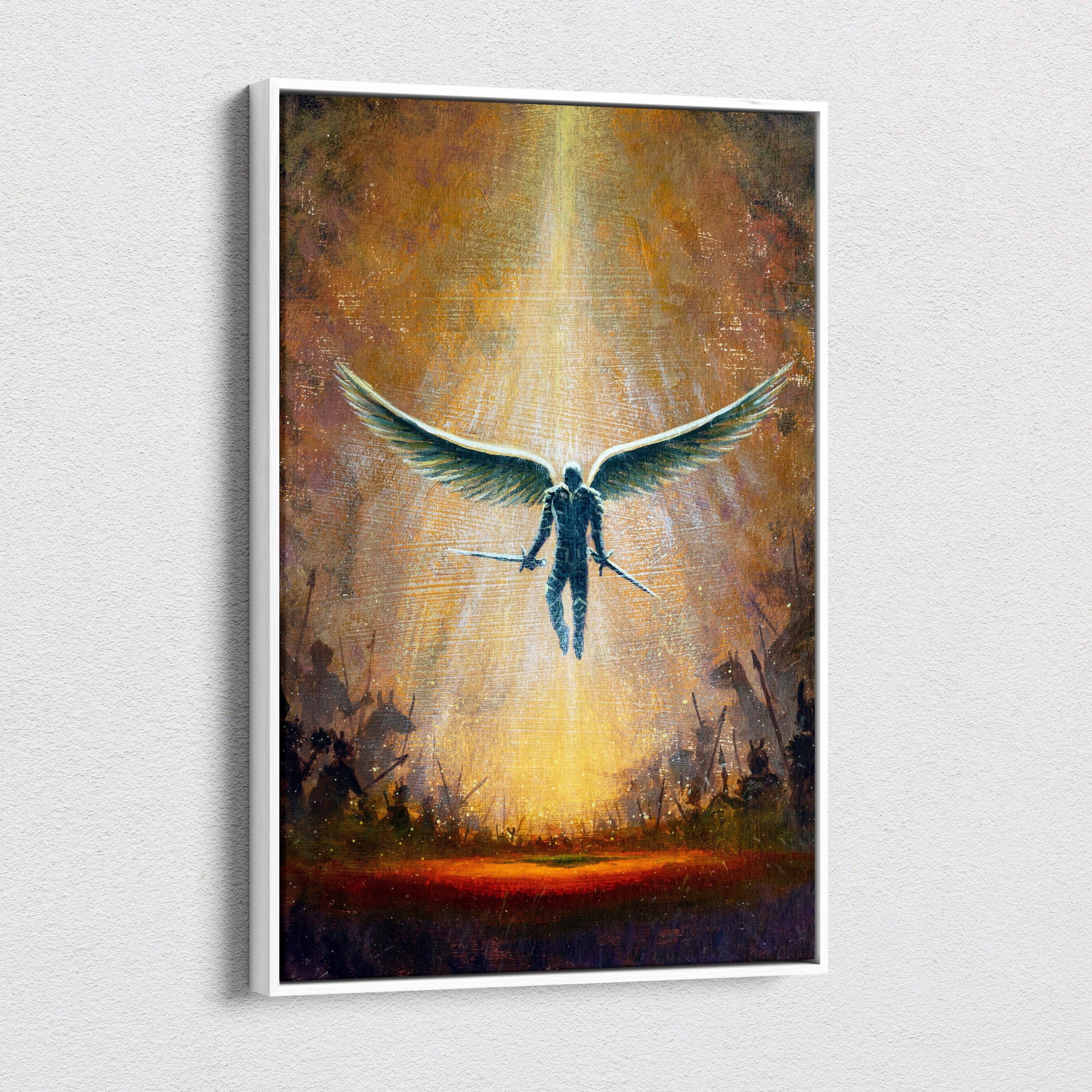 A framed canvas print of an epic medieval winged guardian in gold fantasy battle with dramatic heavenly decor