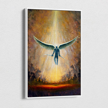 A framed canvas print of an epic medieval winged guardian in gold fantasy battle with dramatic heavenly decor